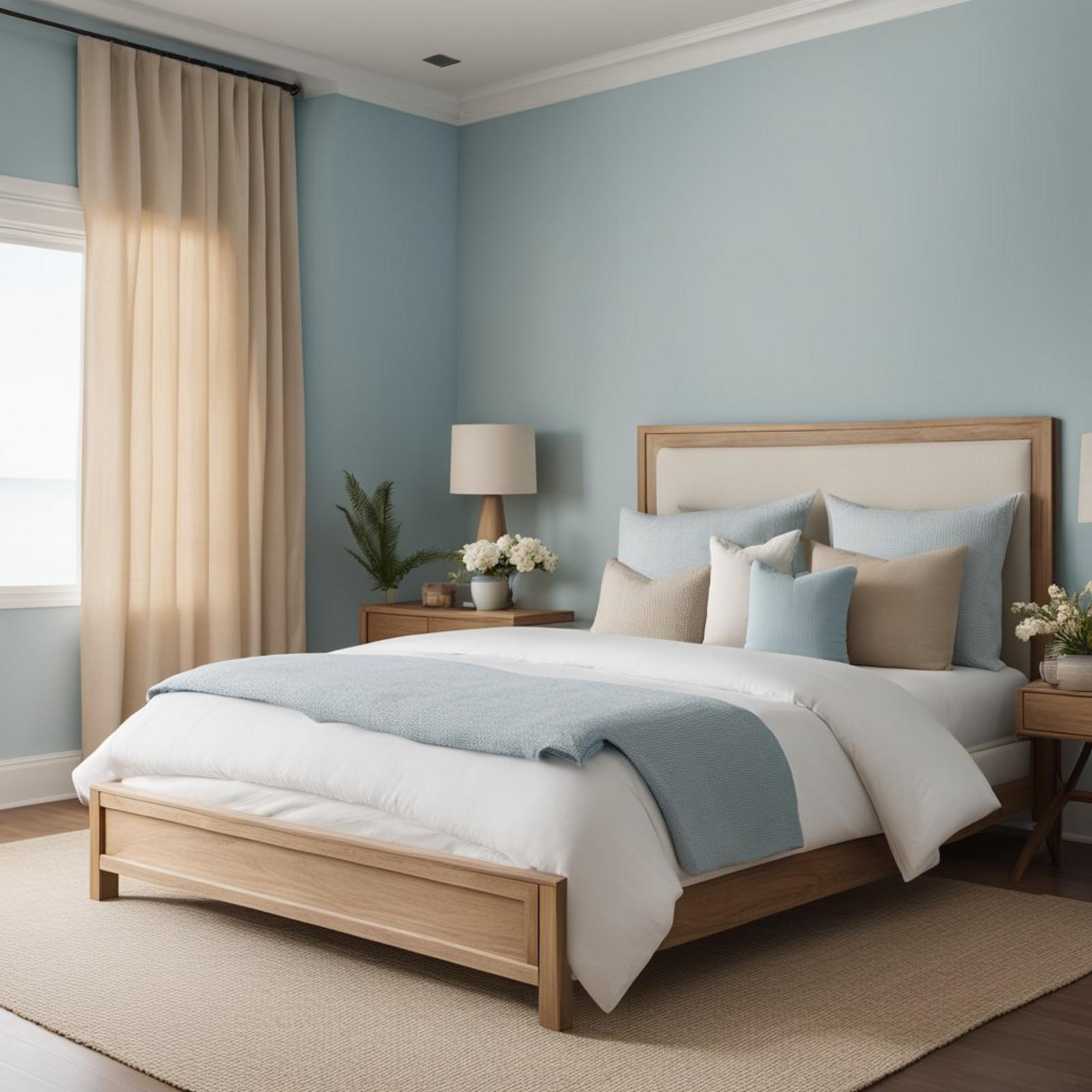 A serene coastal bedroom with soft blue walls, sandy beige accents, and natural wood furniture. White linens and breezy curtains complete the calming palette