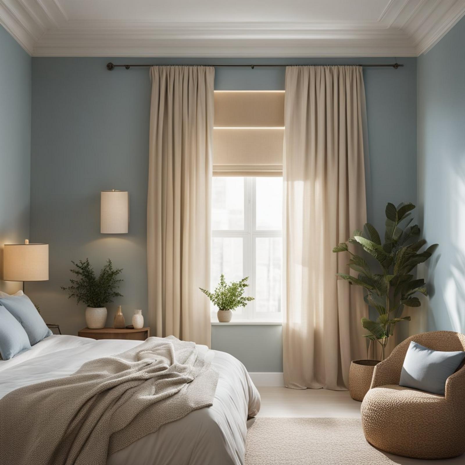 A serene bedroom with soft blue walls, sandy beige bedding, and driftwood accents. The sunlight filters through sheer curtains, casting a warm glow
