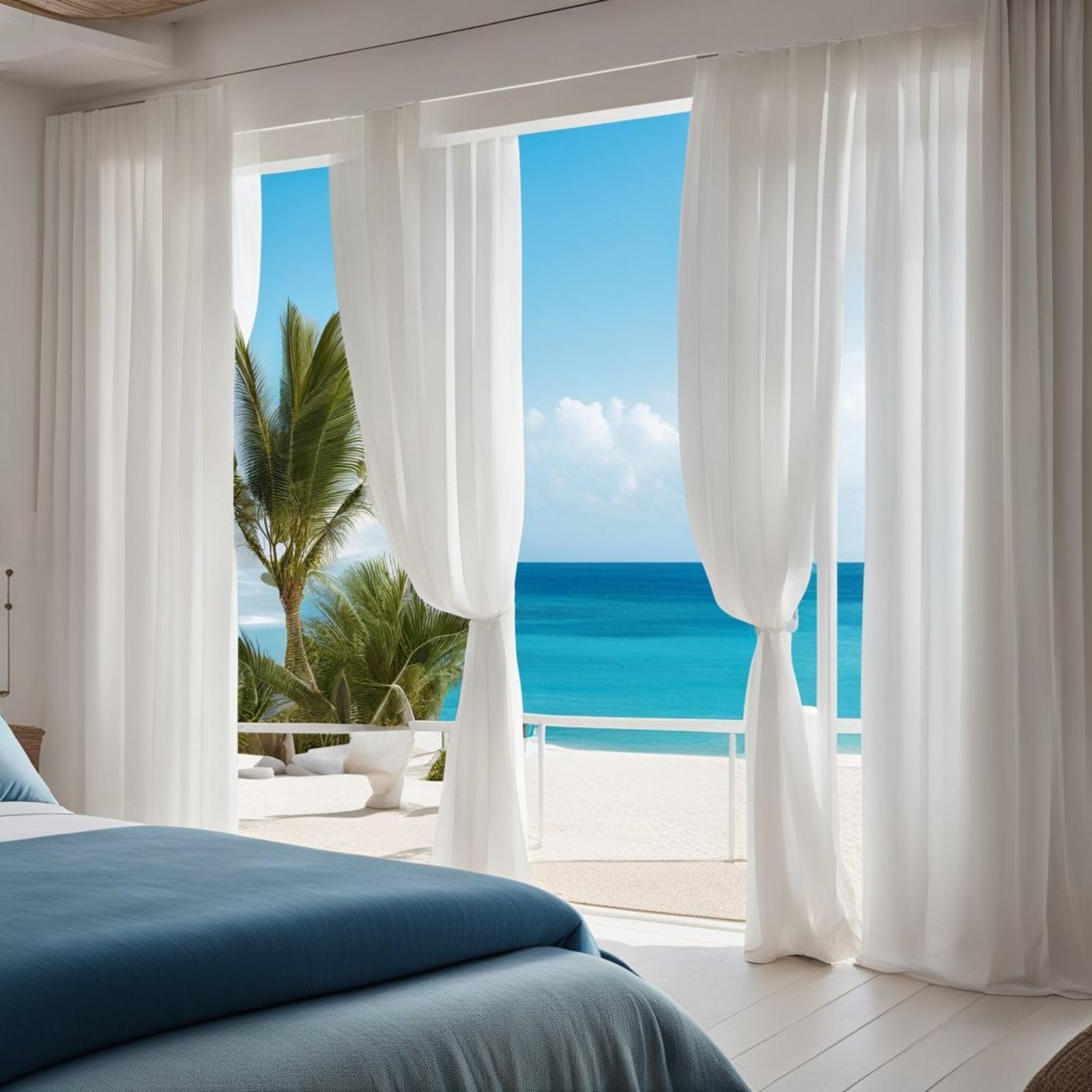 7 coastal bedroom curtain ideas (ocean views) 3 A coastal bedroom with billowing white curtains, framing a view of the ocean and sandy beach. Blue and white decor evokes a serene, beachy atmosphere