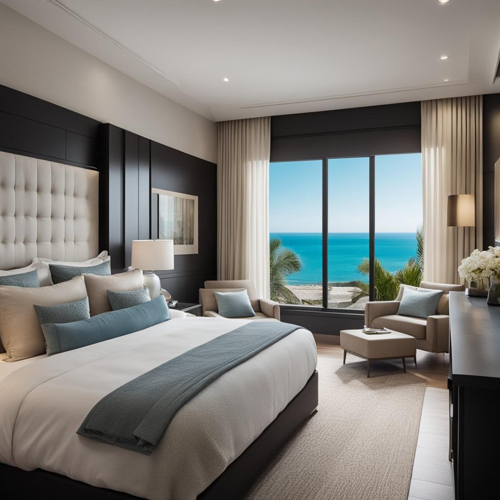 A coastal bedroom with dark furniture and ocean view