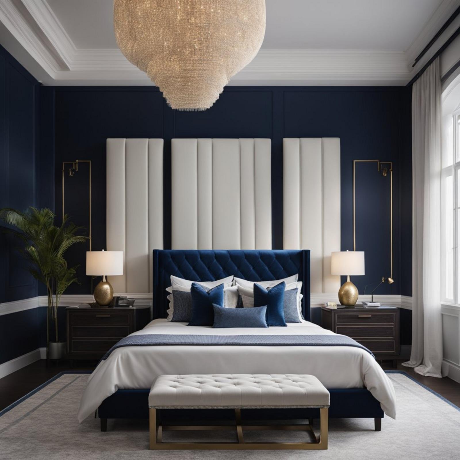 A navy velvet upholstered bed sits in a coastal bedroom with dark furniture