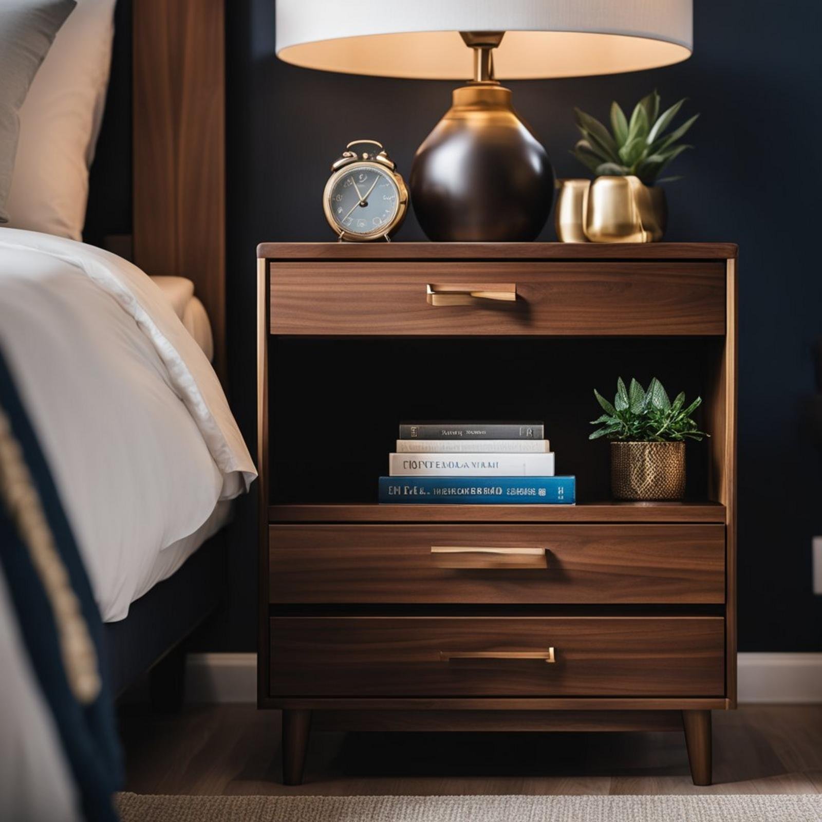 A walnut mid-century nightstand sits in a coastal bedroom with dark furniture