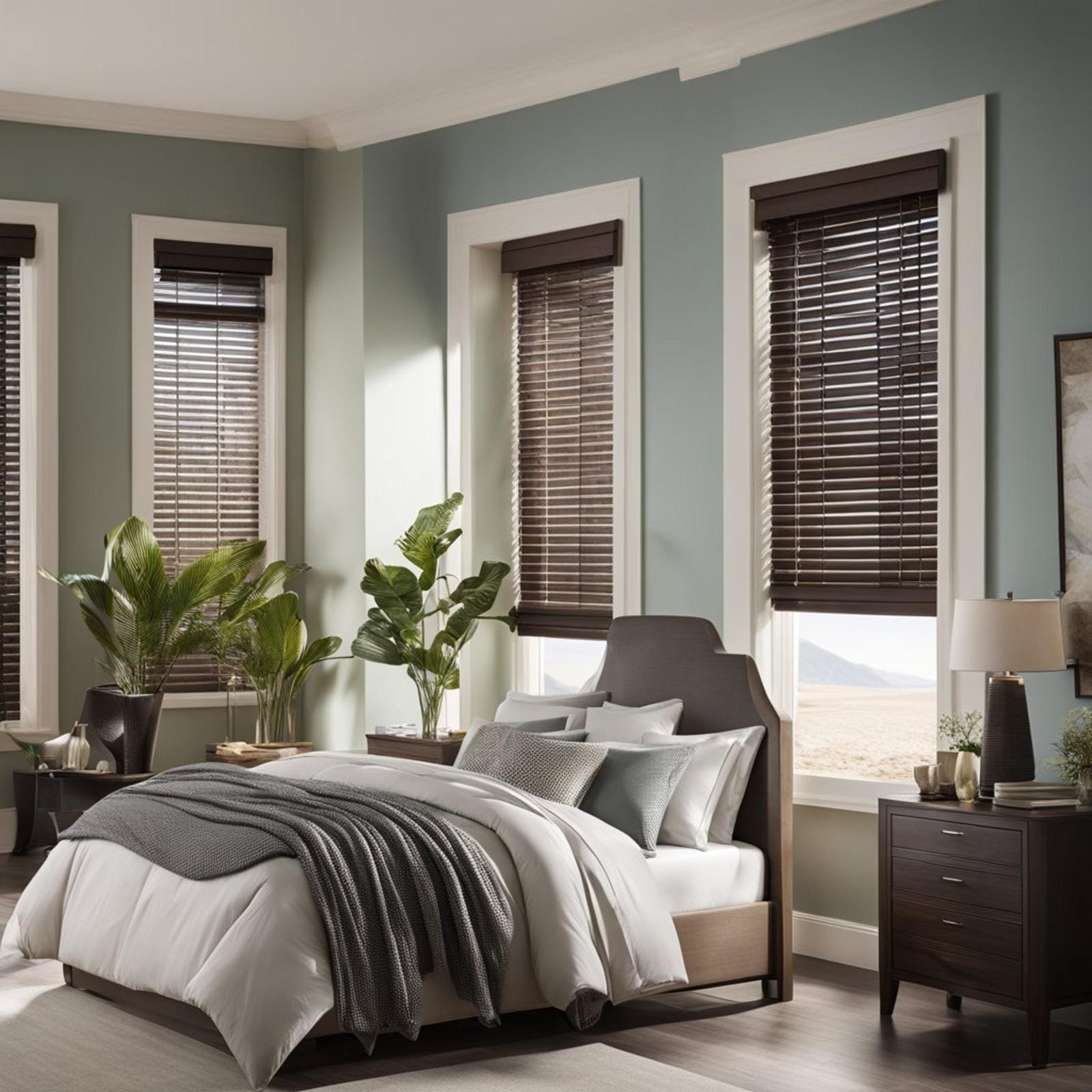 A coastal bedroom with dark furniture featuring espresso bamboo blinds