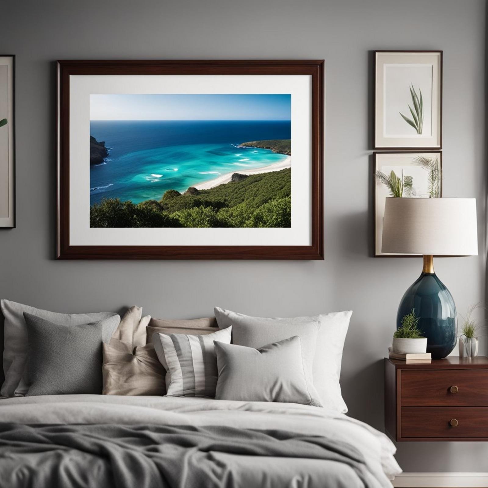 A mahogany-framed wall art hangs in a coastal-themed bedroom with dark furniture
