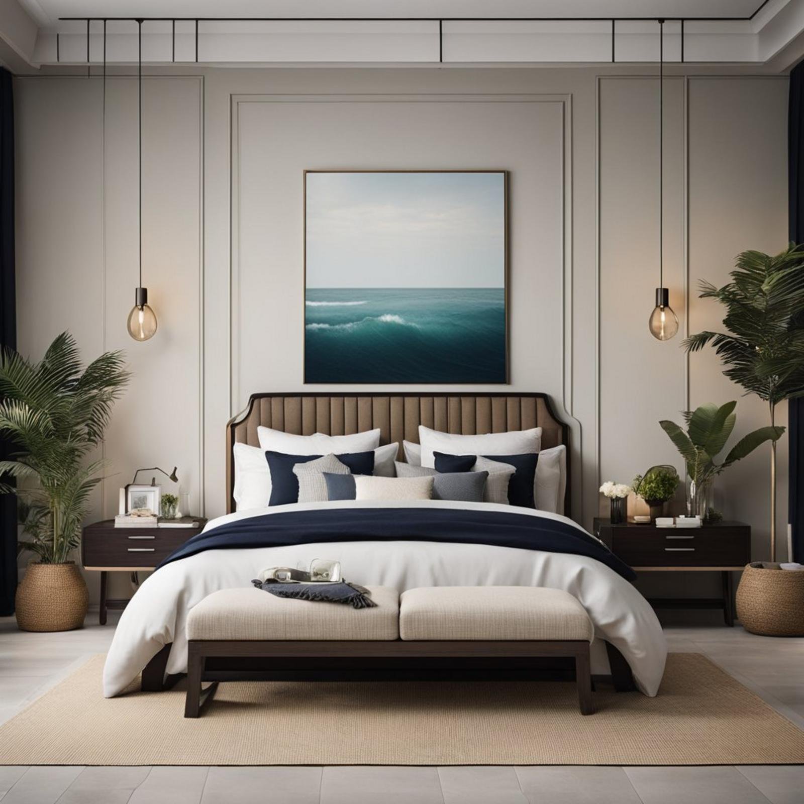 A coastal bedroom with dark furniture, featuring clean lines, natural textures, and a color palette inspired by the sea and sand