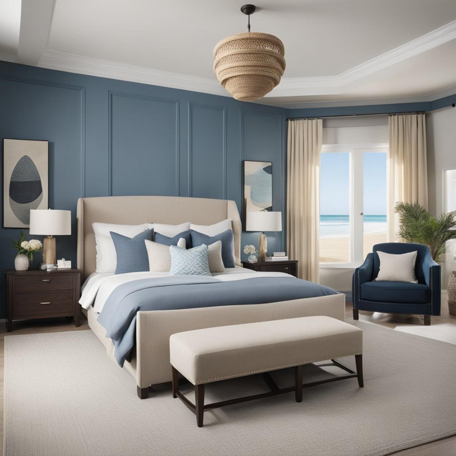A coastal bedroom with dark furniture, featuring a color palette of soft blues, sandy beiges, and crisp whites