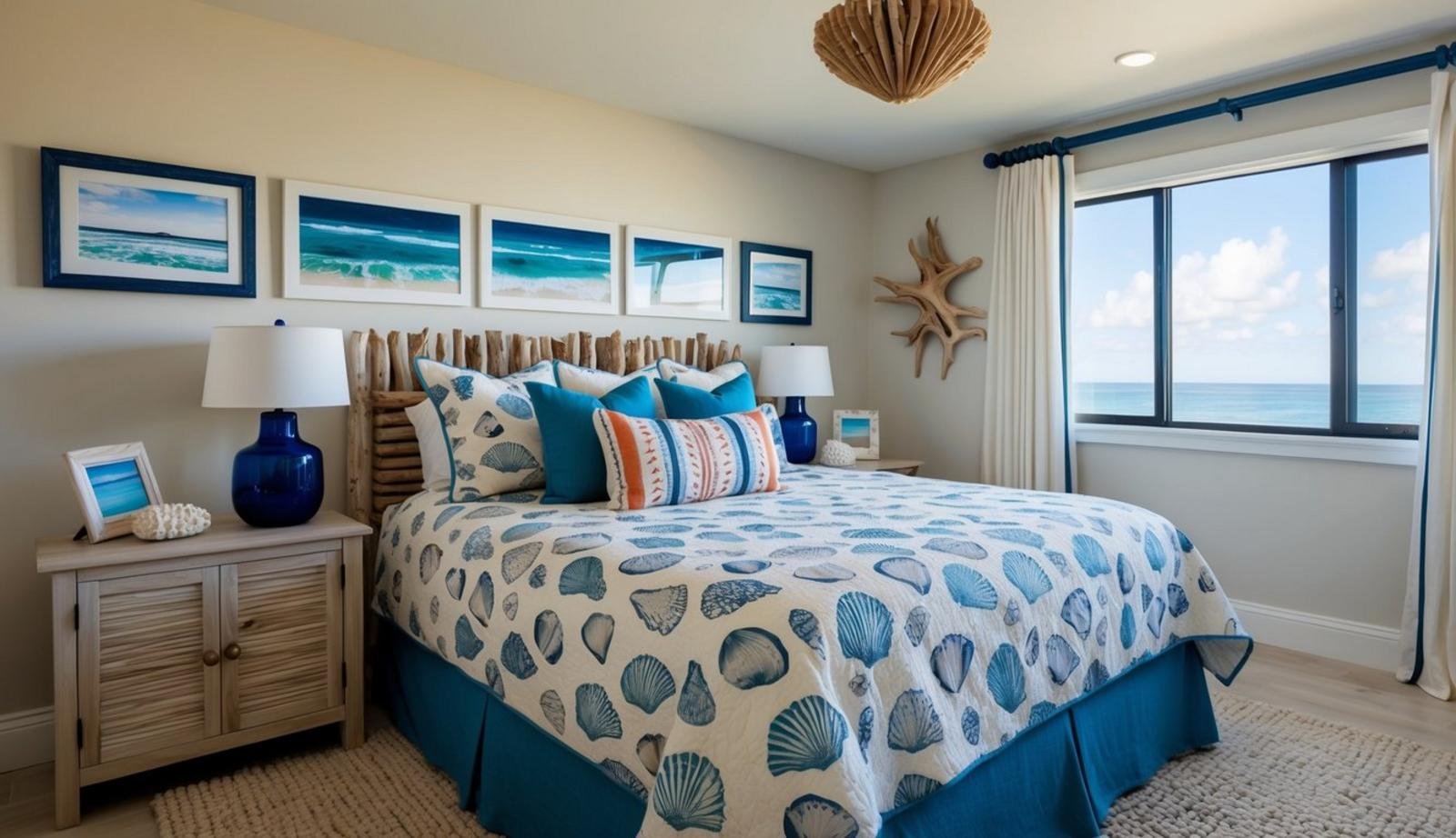15 coastal bedroom decor ideas (relax) 2 A cozy coastal bedroom with nautical decor, including a seashell-patterned bedspread, driftwood accents, and ocean-inspired artwork on the walls