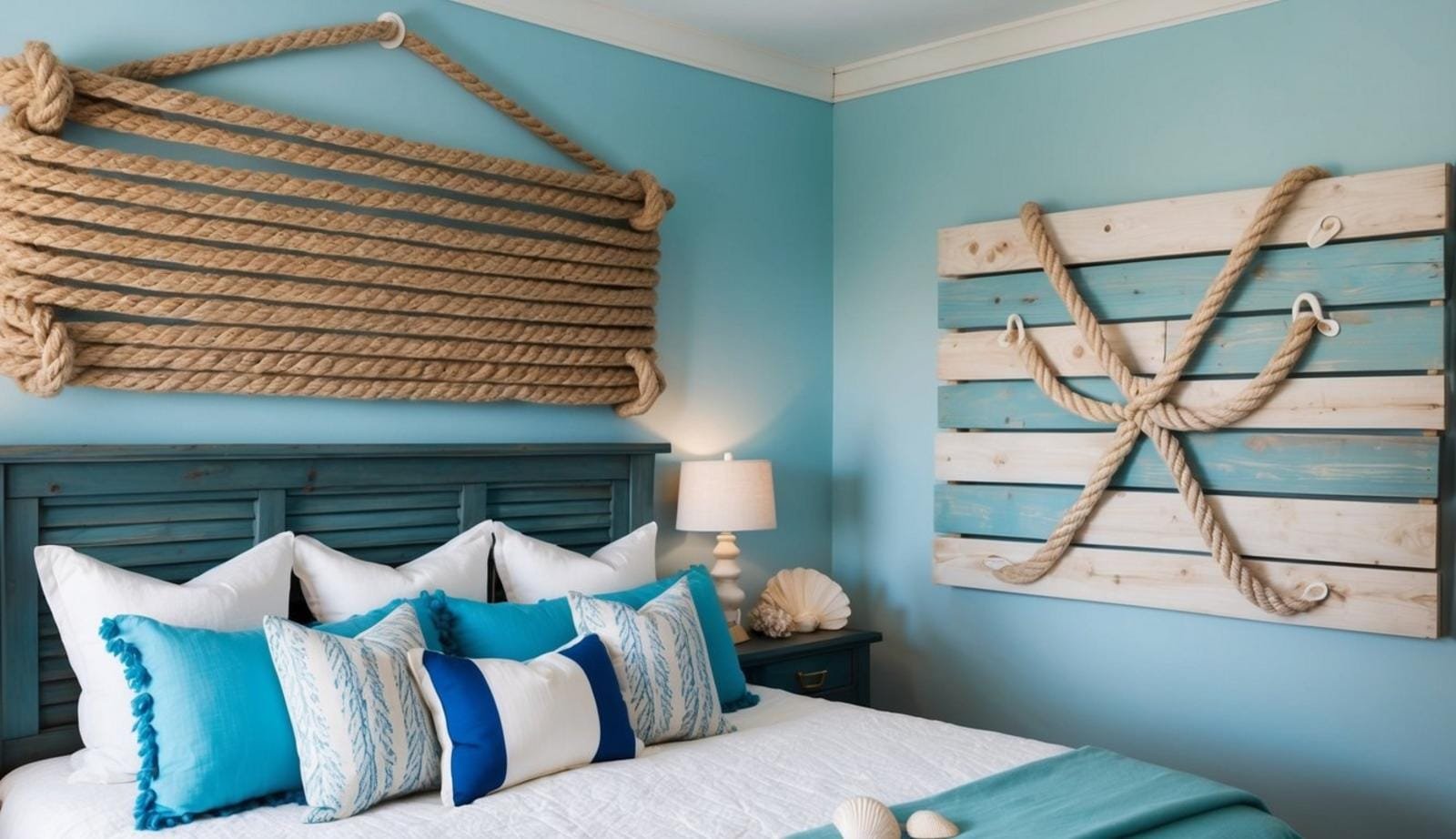 15 coastal bedroom decor ideas (relax) 3 A nautical rope wall art piece hangs above a rustic wooden headboard in a coastal-themed bedroom, surrounded by seashell decor and soft blue hues