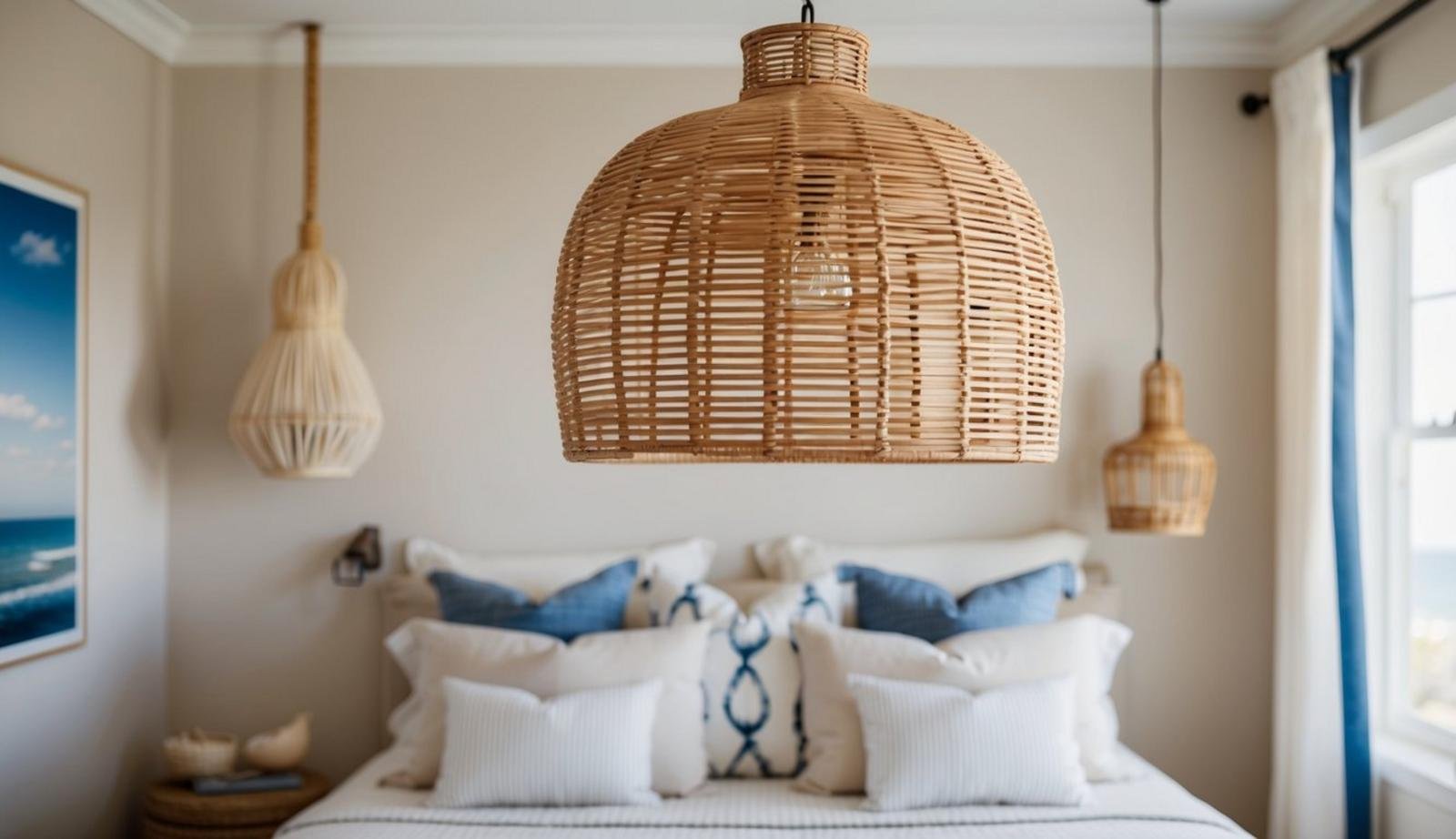 15 coastal bedroom decor ideas (relax) 4 A rattan pendant light hangs above a coastal-themed bedroom, with nautical decor and soft, neutral tones creating a serene and relaxing atmosphere