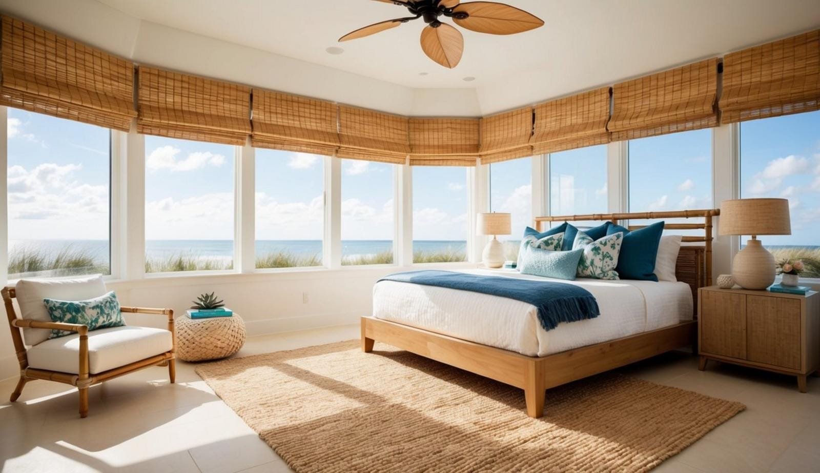 15 coastal bedroom decor ideas (relax) 5 A sunlit coastal bedroom with bamboo Roman shades, a sandy-colored rug, and sea-inspired decor