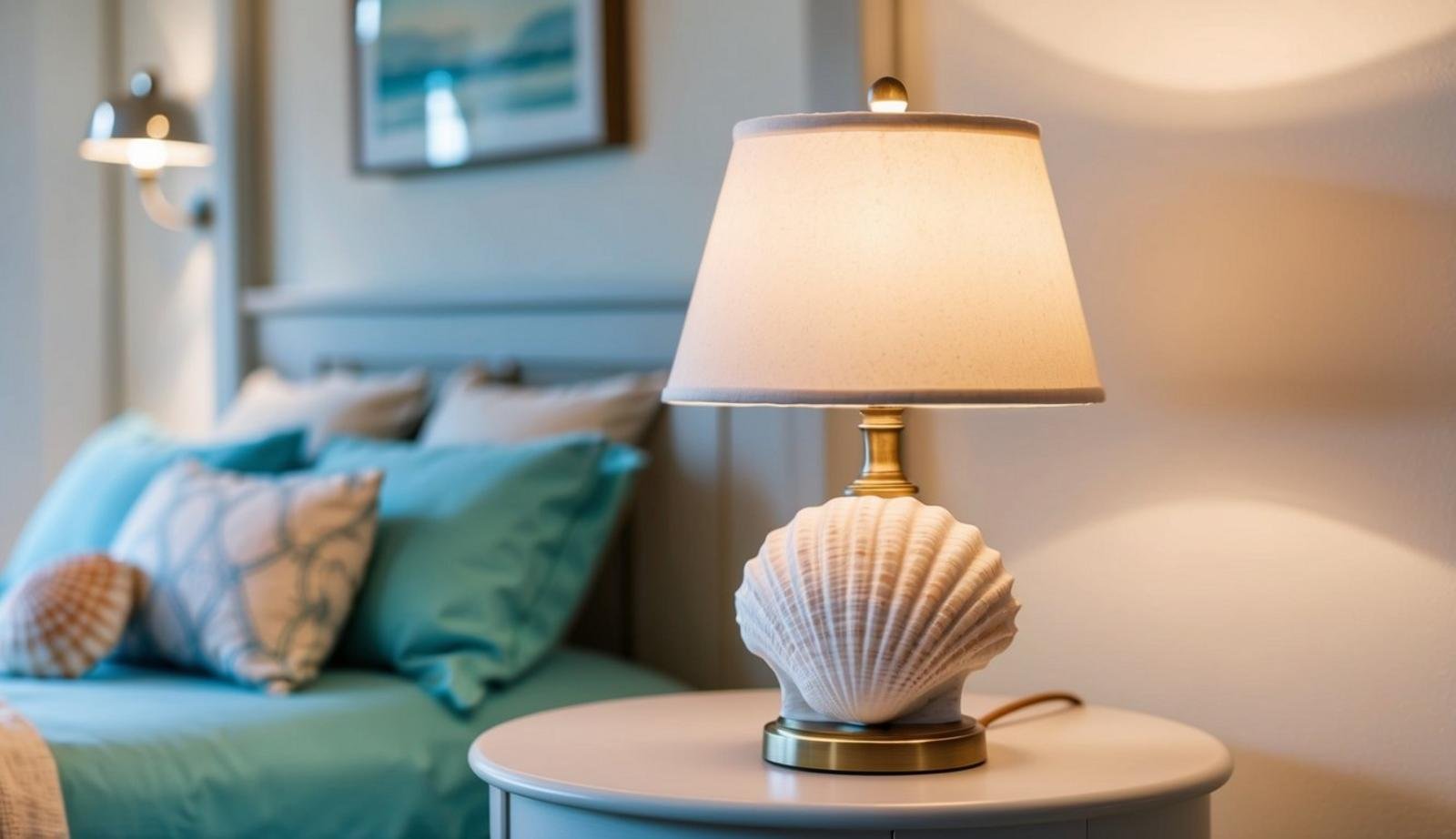15 coastal bedroom decor ideas (relax) 6 A seashell table lamp illuminates a serene coastal bedroom with soft, sandy hues and ocean-inspired decor
