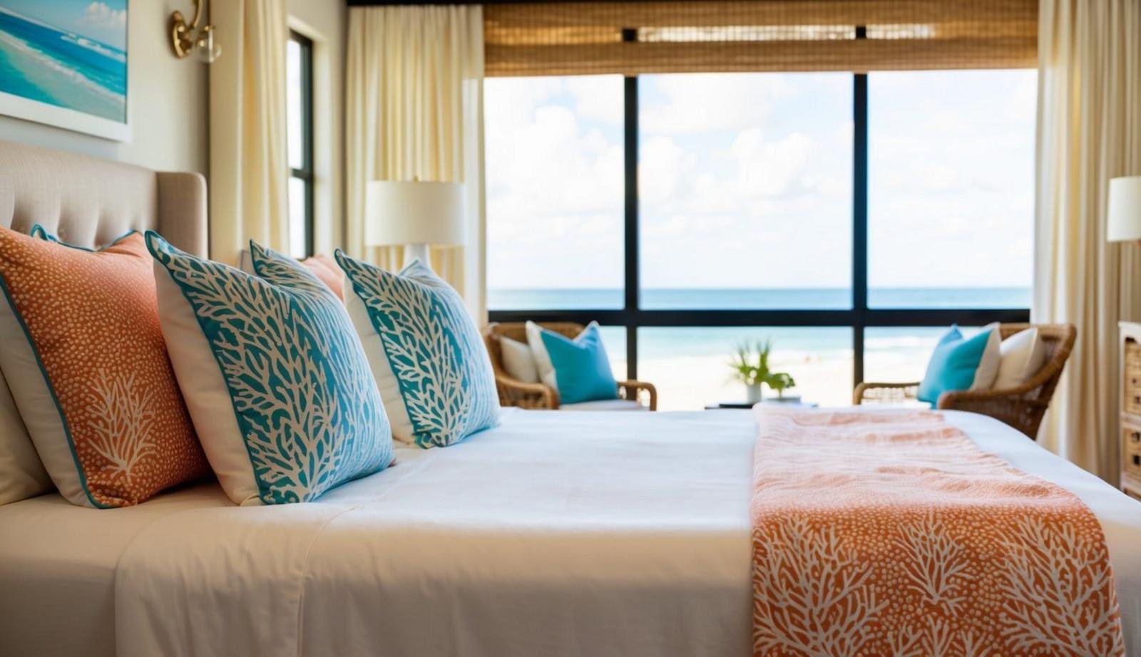 15 coastal bedroom decor ideas (relax) 7 A cozy coastal bedroom with coral print throw pillows on a bed, surrounded by beach-themed decor and natural light filtering through the windows