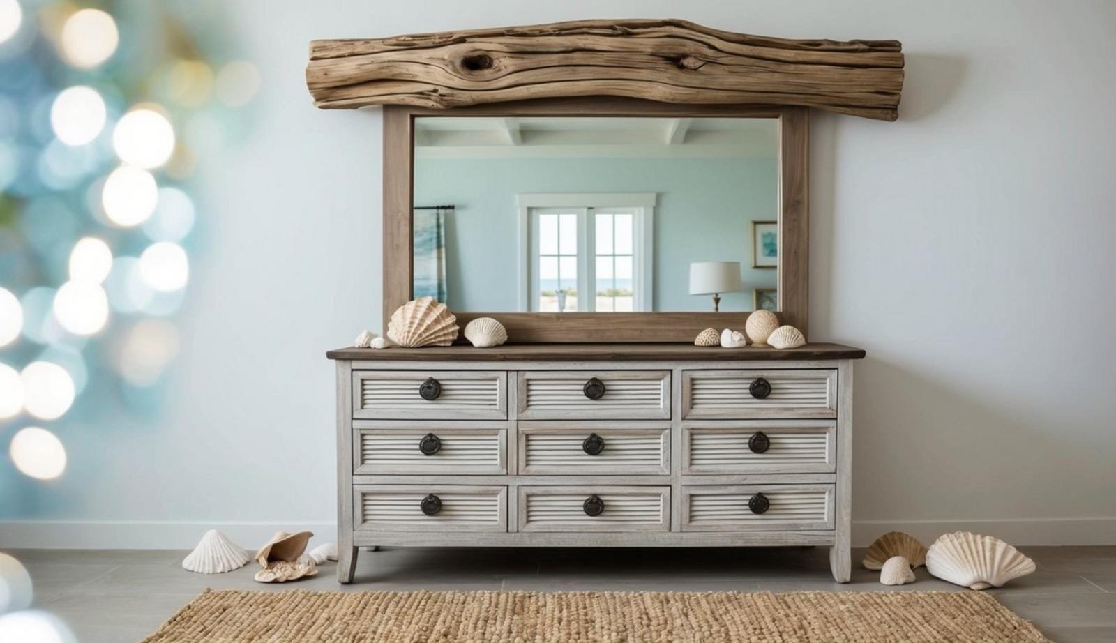 15 coastal bedroom decor ideas (relax) 8 A driftwood wall mirror hangs above a weathered dresser in a coastal bedroom, surrounded by seashells, sand dollars, and a woven rug