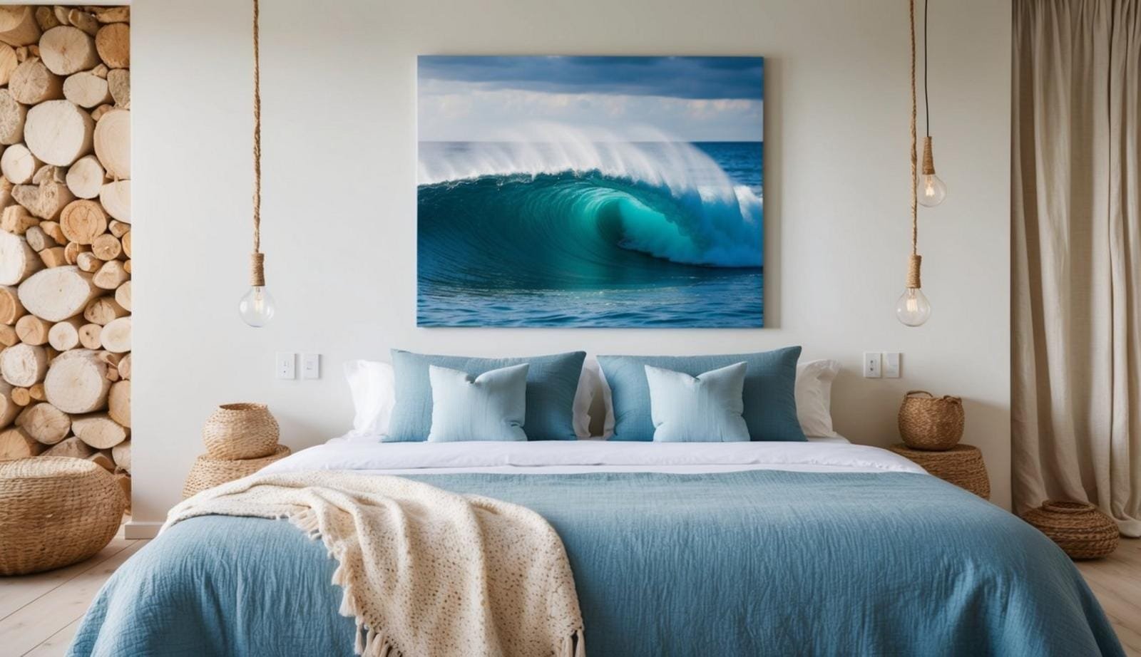 15 coastal bedroom decor ideas (relax) 9 A serene coastal bedroom with a large ocean wave canvas art as the focal point, surrounded by natural textures and soothing colors