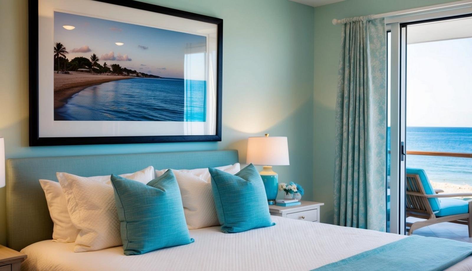 15 coastal bedroom decor ideas (relax) 10 A serene coastal bedroom with a large framed photograph of a seaside scene hanging above the bed. The room is decorated with beach-themed accents and soft, calming colors