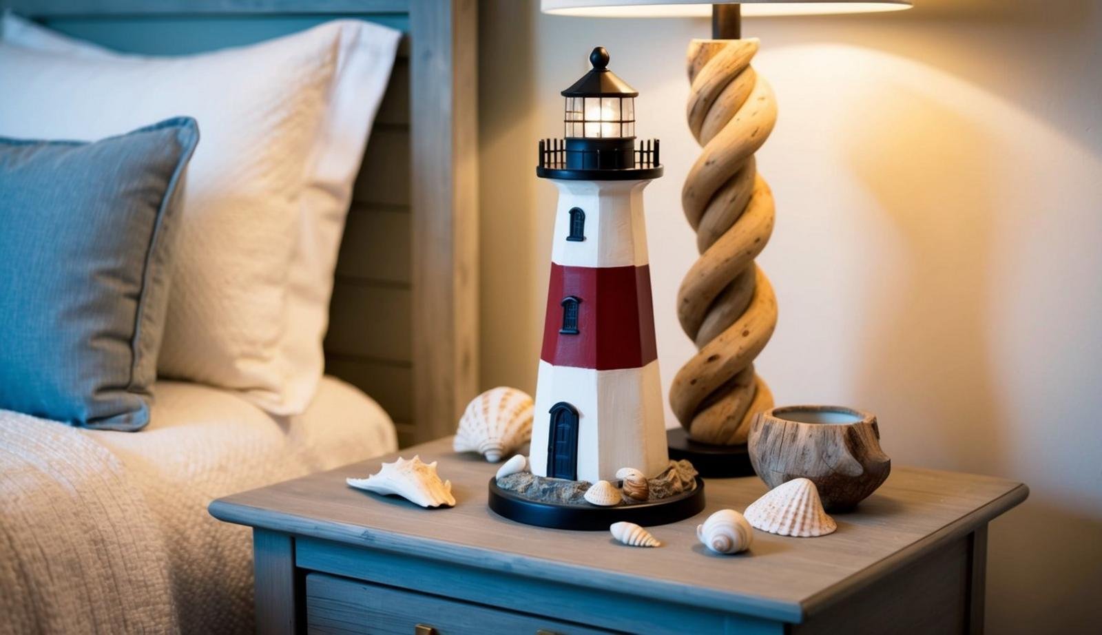 15 coastal bedroom decor ideas (relax) 11 A lighthouse table sculpture sits on a weathered wooden nightstand, surrounded by seashells and a driftwood candle holder. The soft glow of a bedside lamp illuminates the coastal-themed bedroom decor