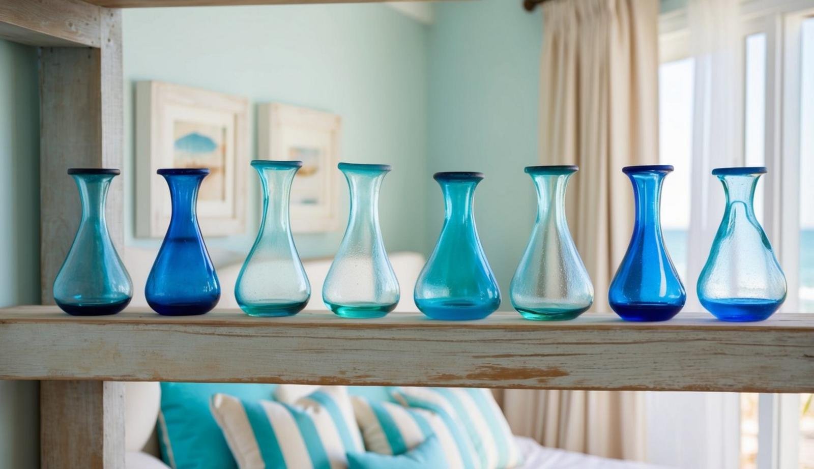 15 coastal bedroom decor ideas (relax) 12 A collection of sea glass vases arranged on a weathered wood shelf, surrounded by soft, beach-themed decor in a coastal bedroom