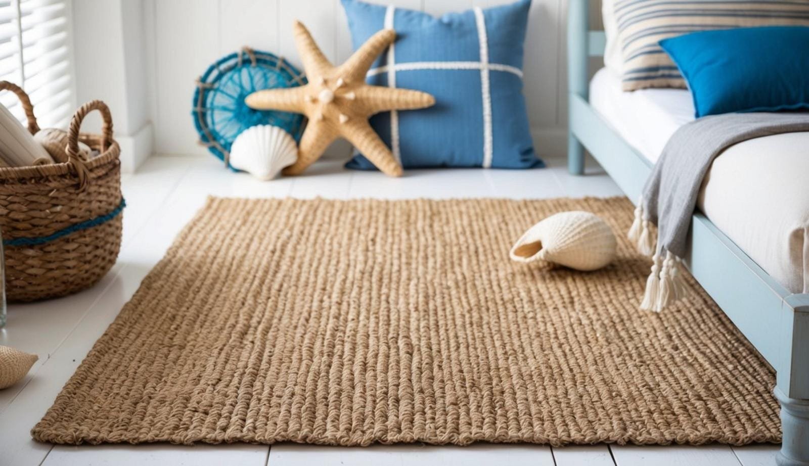 15 coastal bedroom decor ideas (relax) 13 A woven jute area rug anchors a coastal bedroom with nautical decor, featuring seashells, driftwood, and a color palette of blues and whites