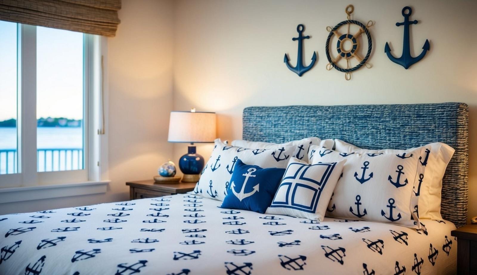 15 coastal bedroom decor ideas (relax) 14 A cozy coastal bedroom with anchor-patterned bedding, soft lighting, and nautical decor accents