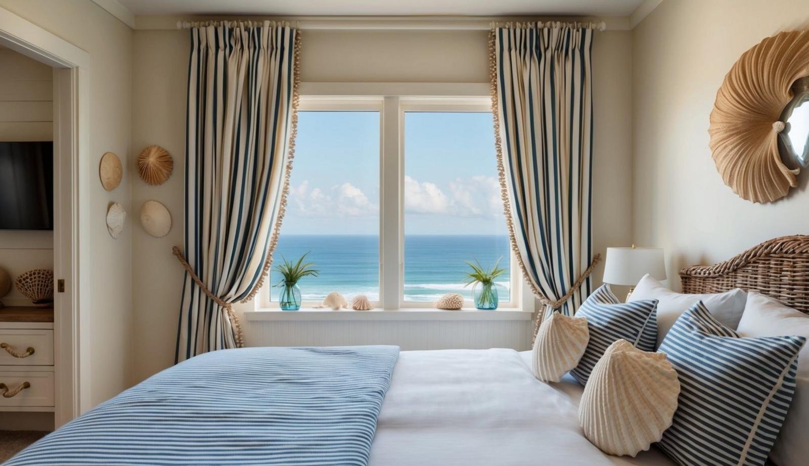 15 coastal bedroom decor ideas (relax) 15 A cozy coastal bedroom with nautical striped curtains, seashell decor, and a view of the ocean through a window
