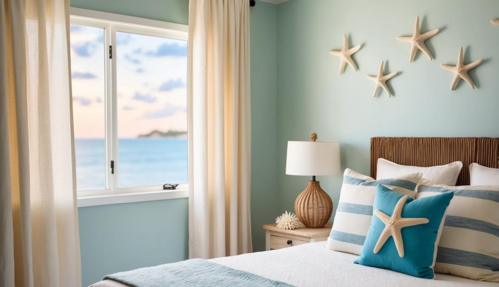 15 coastal bedroom decor ideas (relax) 16 A serene coastal bedroom with starfish wall hooks, nautical decor, and soft, sandy colors