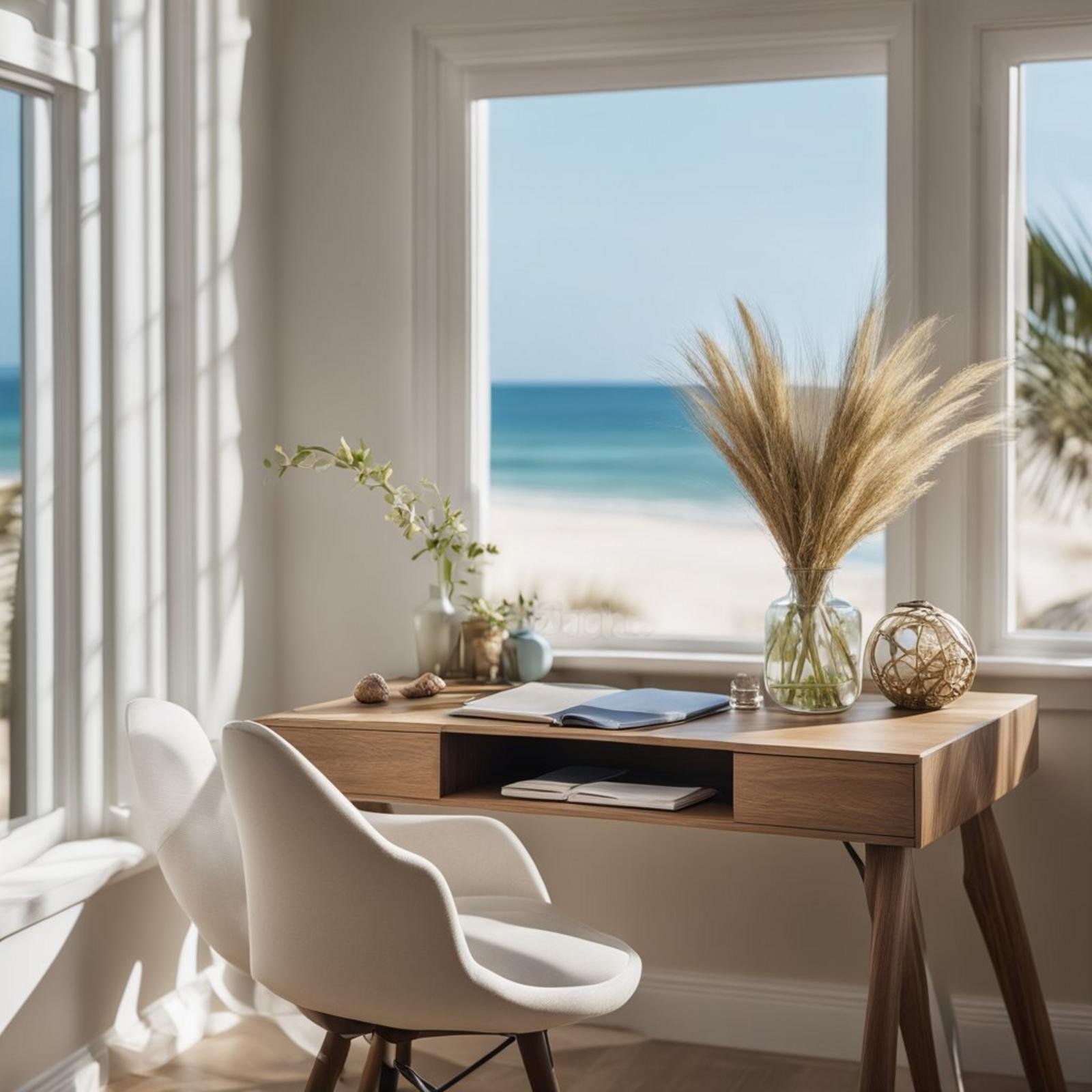 A coastal bedroom desk with a view of the ocean, adorned with shells, driftwood, and a vase of beach grass