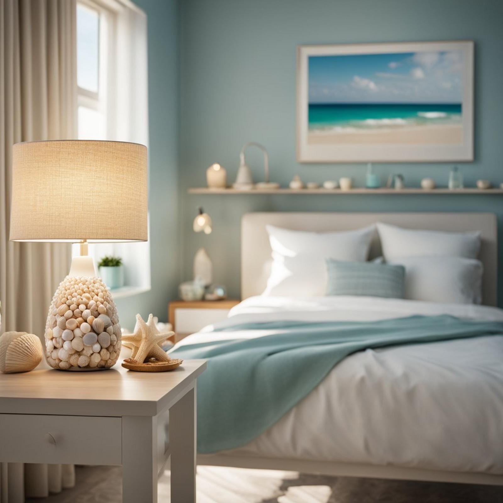 A coastal bedroom with an IKEA Micke desk, adorned with seashells and a beach-themed lamp, overlooking a serene ocean view