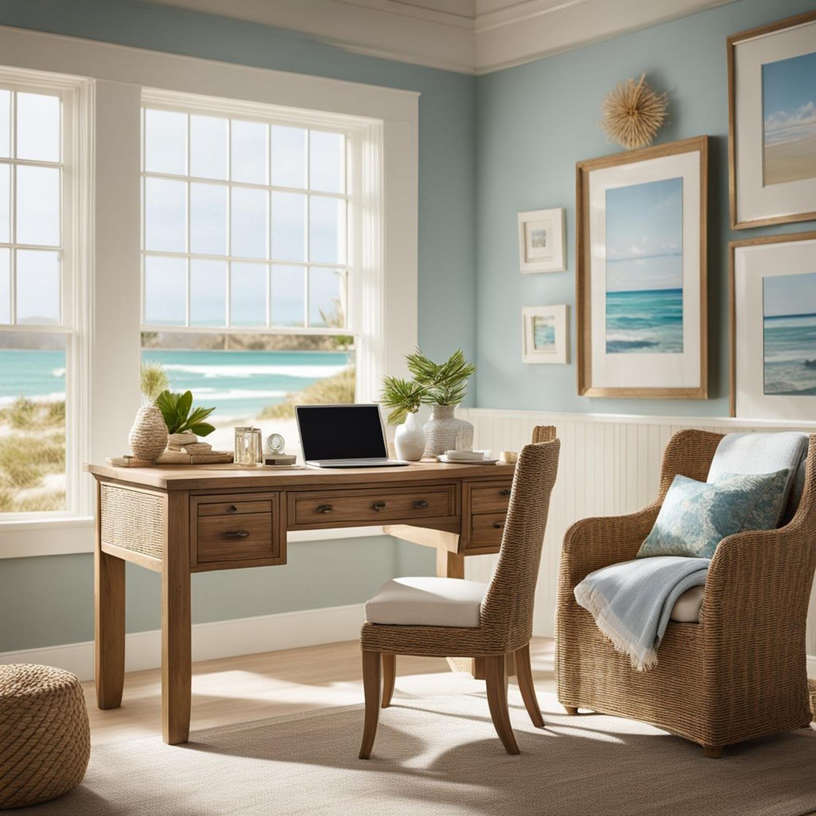 A coastal bedroom with a Pottery Barn Beachcomber Desk, adorned with beach-themed decor and natural light streaming in through the window