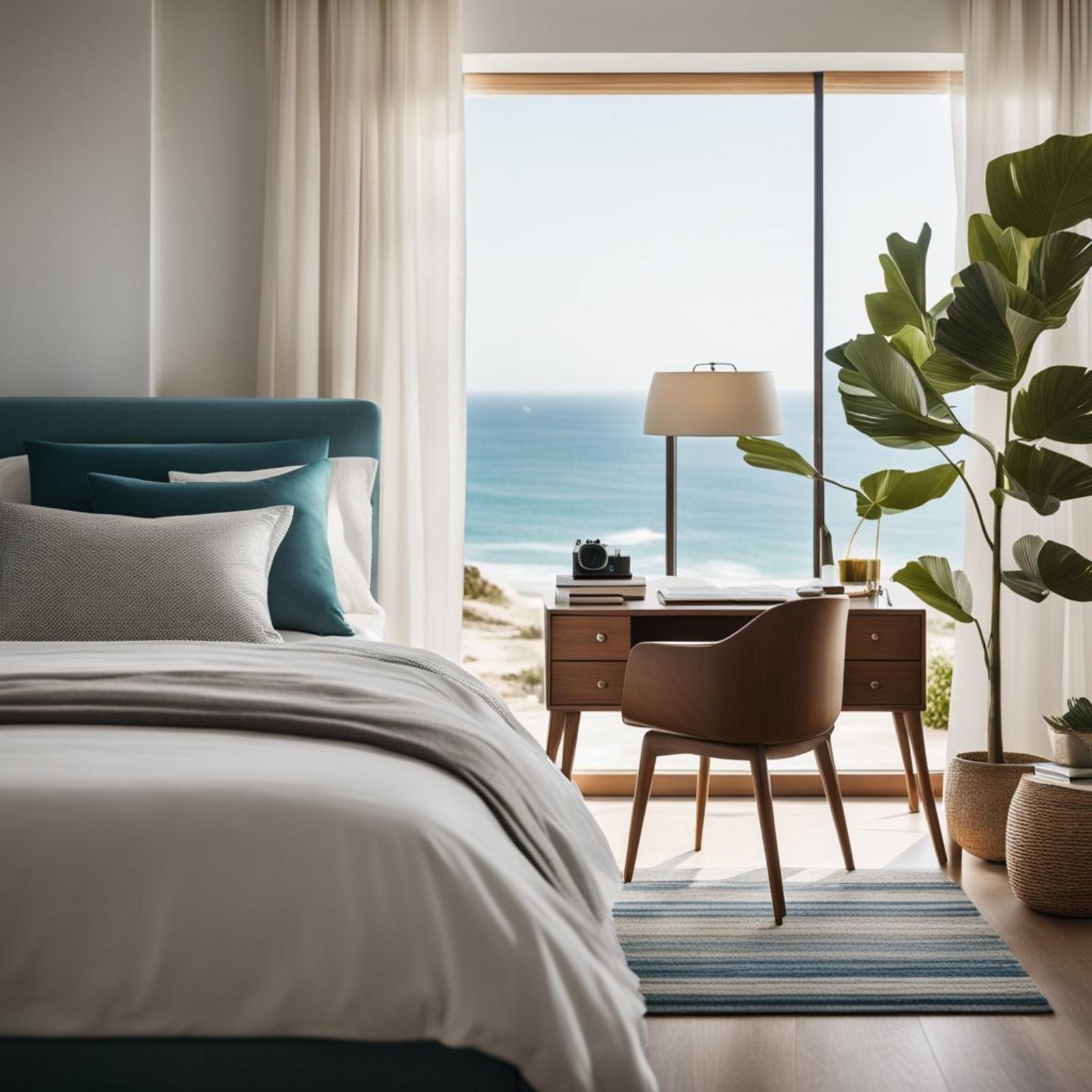 A coastal bedroom with a West Elm Mid-Century Mini Desk, decorated with minimalist decor and a view of the ocean