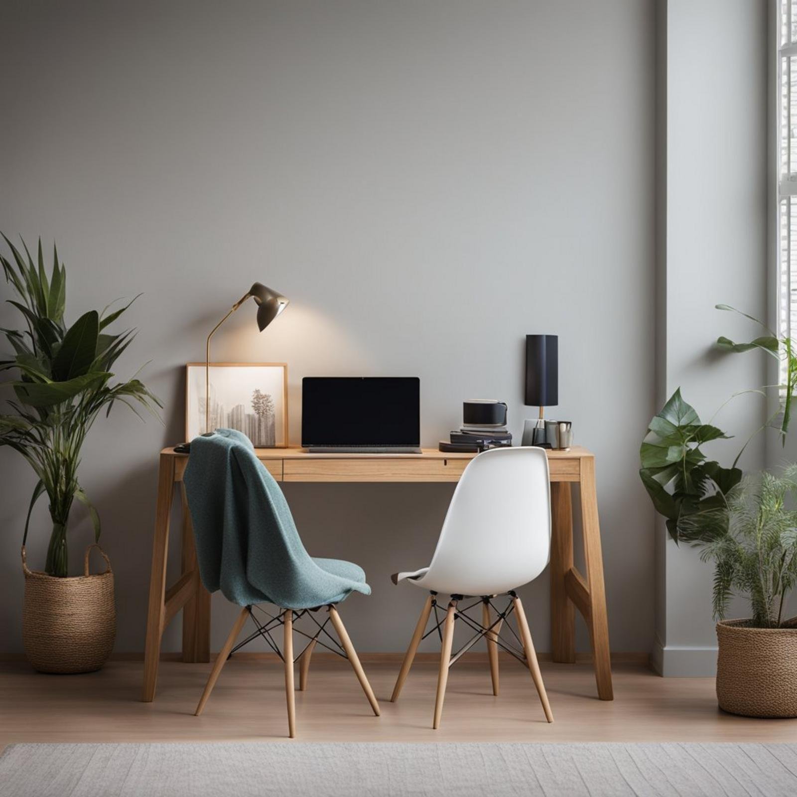 A Batten Desk sits in a coastal bedroom, with a chair and lamp nearby