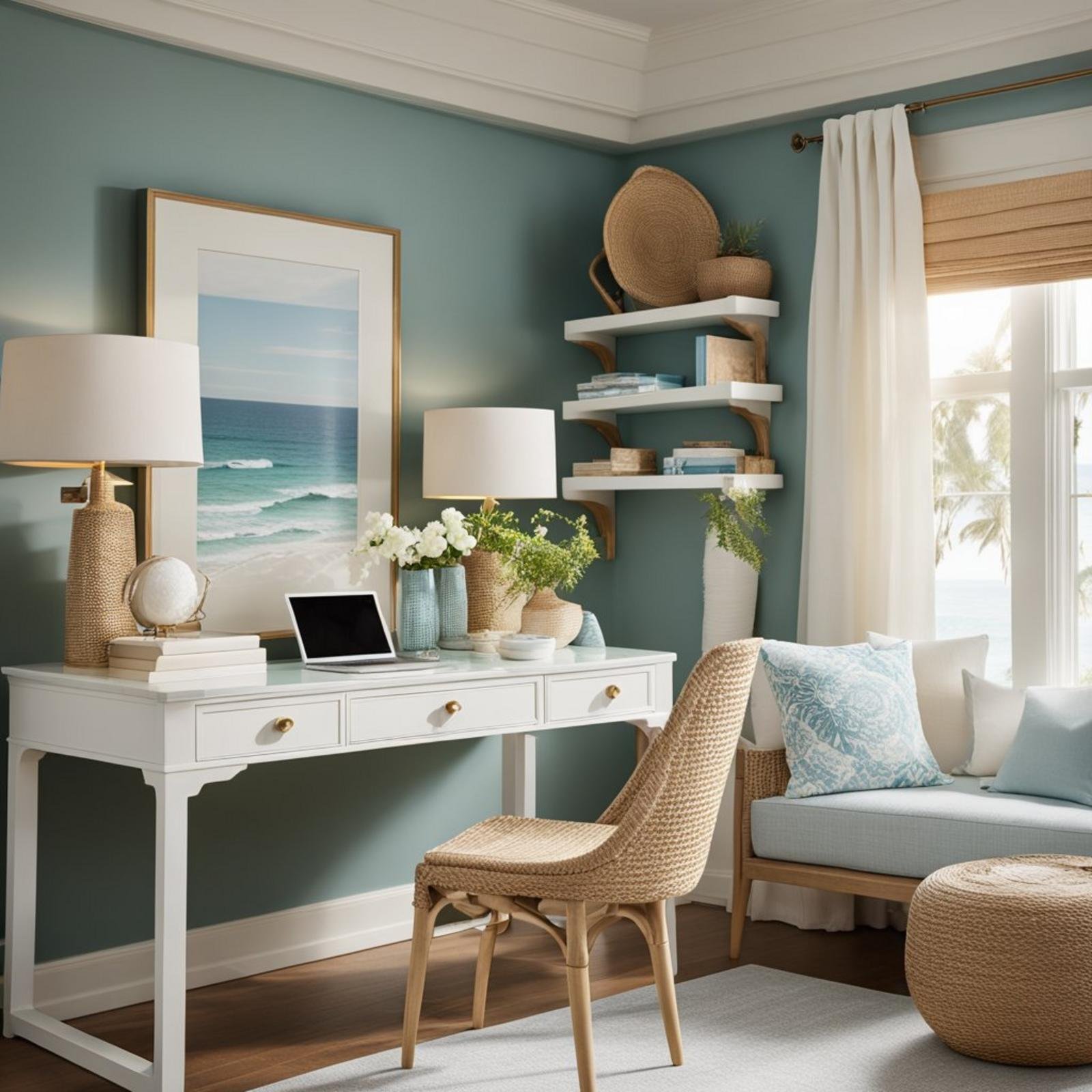 A coastal bedroom with a Serena & Lily Driftway Desk, adorned with coastal decor and natural light streaming in through the window
