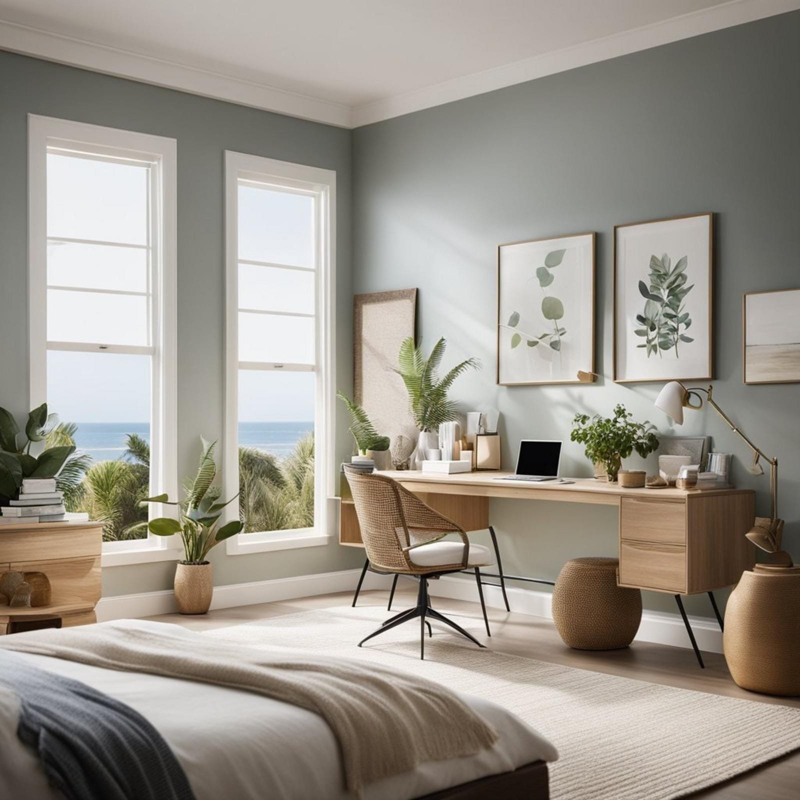 A coastal bedroom with a CB2 Paradigm Desk, adorned with minimalist decor and natural light streaming in through the window