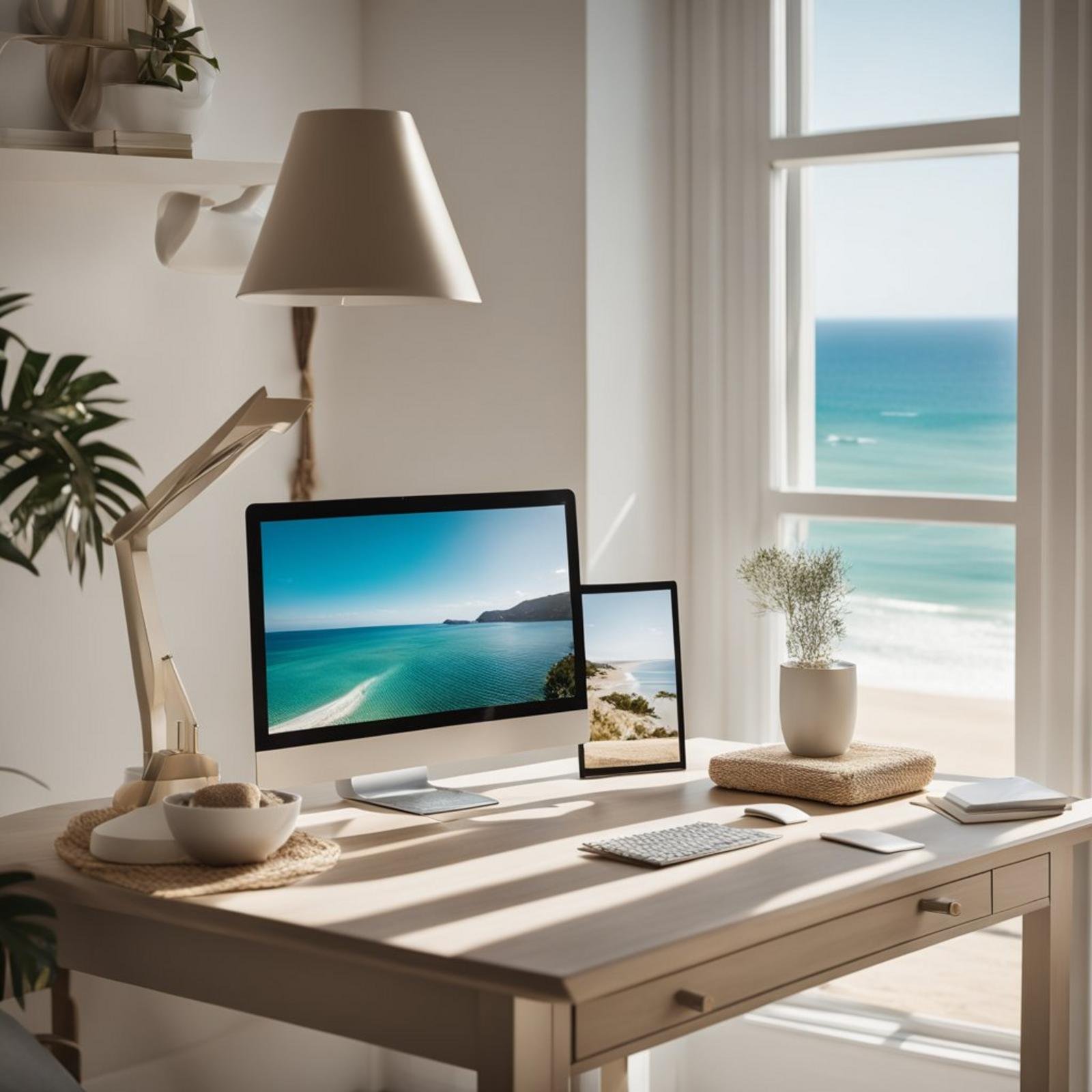 A coastal bedroom desk with a Wayfair Sand & Stable design, featuring clean lines and a light color palette, situated near a window overlooking the ocean