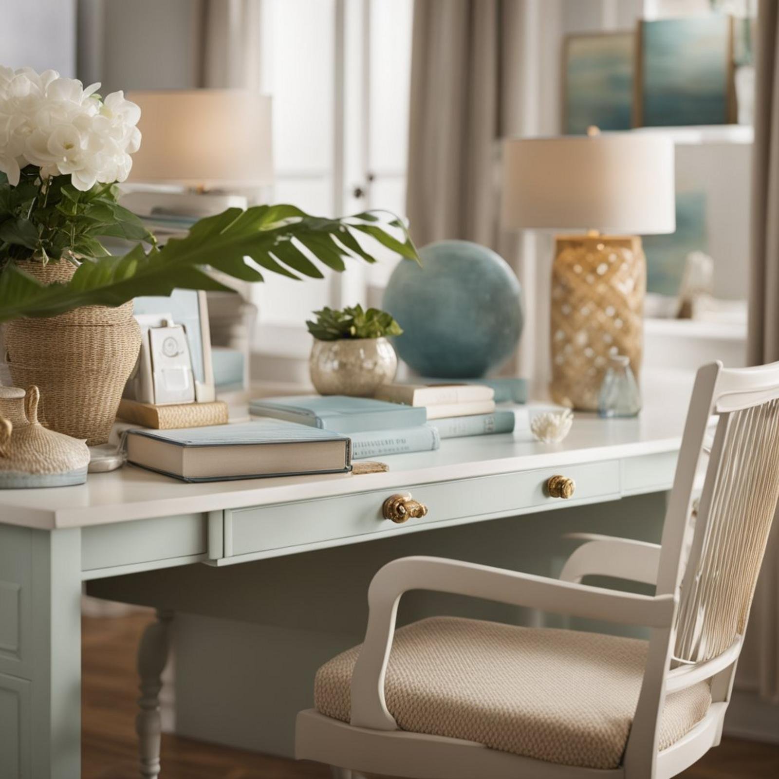A coastal-themed desk sits in a serene bedroom, adorned with decor from Anthropologie's Stonehill collection