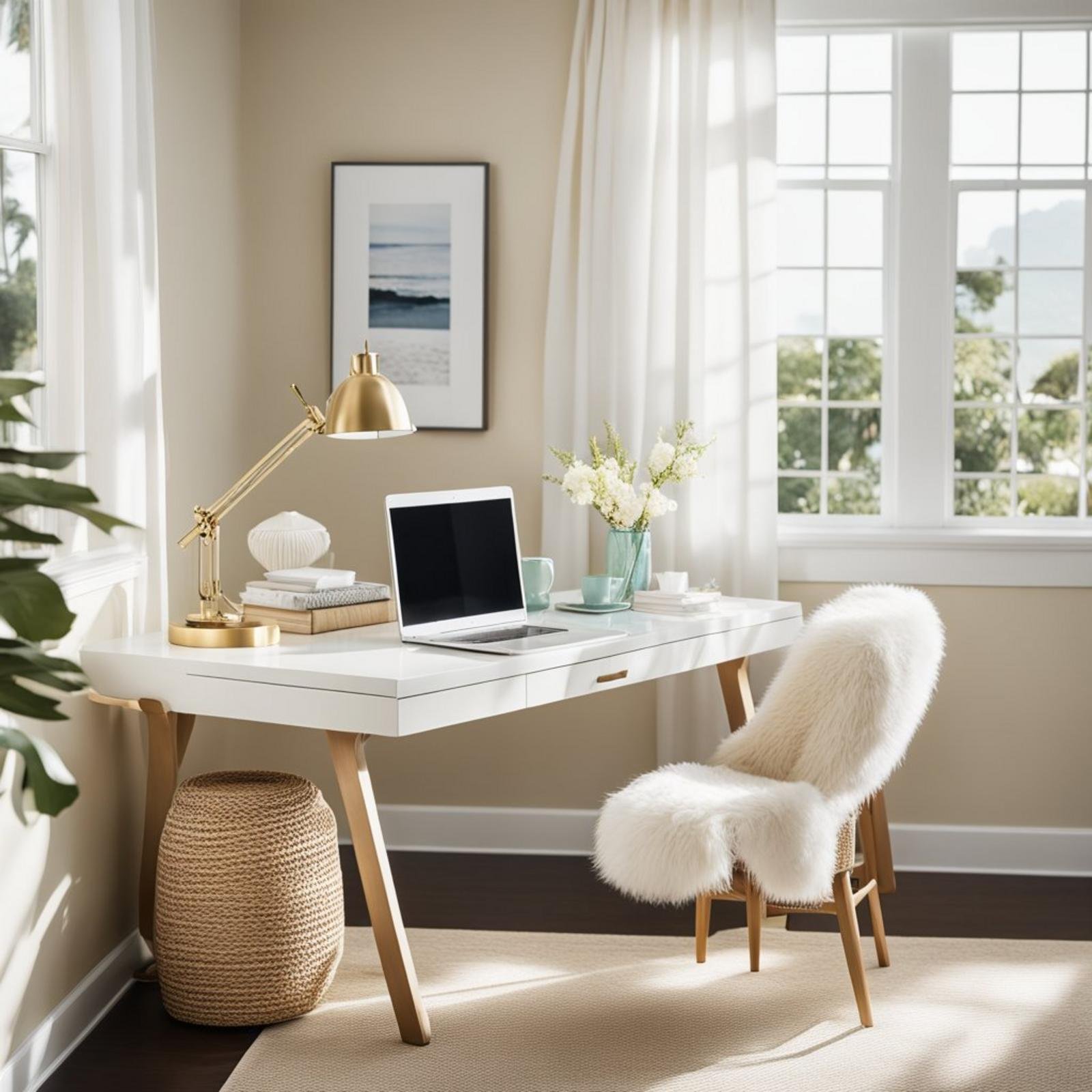 A bright and airy coastal bedroom with a William Sonoma Home Pacific Desk as the focal point, adorned with minimal decor and surrounded by natural light