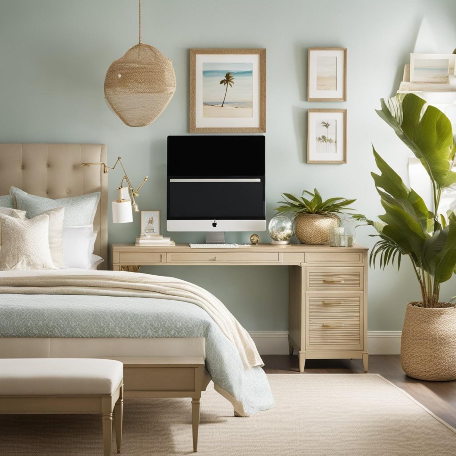 A coastal bedroom with a Ballard Designs Laguna Desk as the centerpiece, surrounded by light and airy decor, with hints of beach-inspired elements