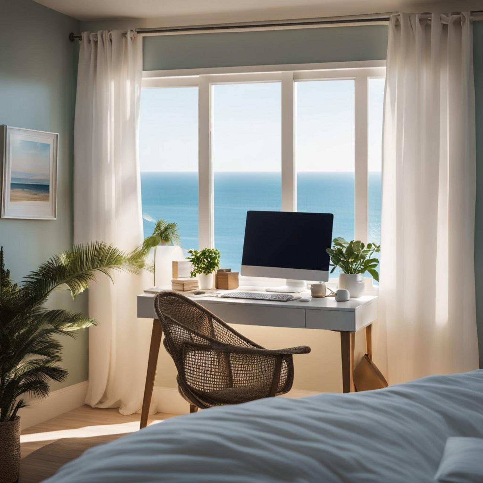 A cozy coastal bedroom with a sleek white desk overlooking the ocean. Sunlight streams in through the window, casting a warm glow on the desk