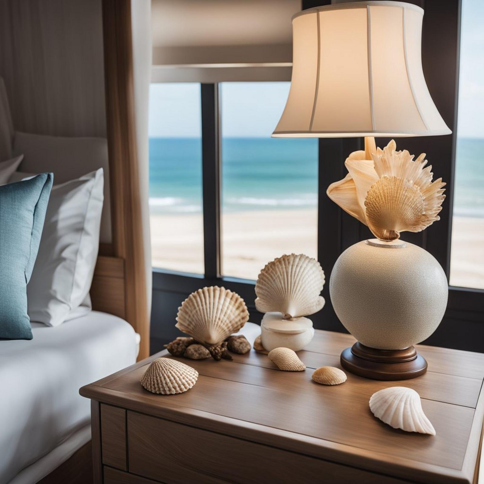 A coastal bedroom desk adorned with seashells, driftwood, and a nautical lamp, overlooking a serene ocean view