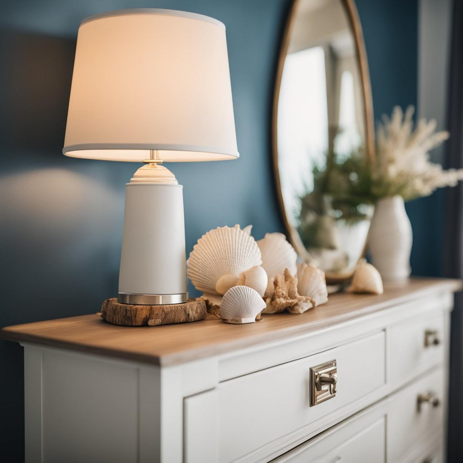 A coastal bedroom dresser adorned with seashells, driftwood, and a lighthouse lamp