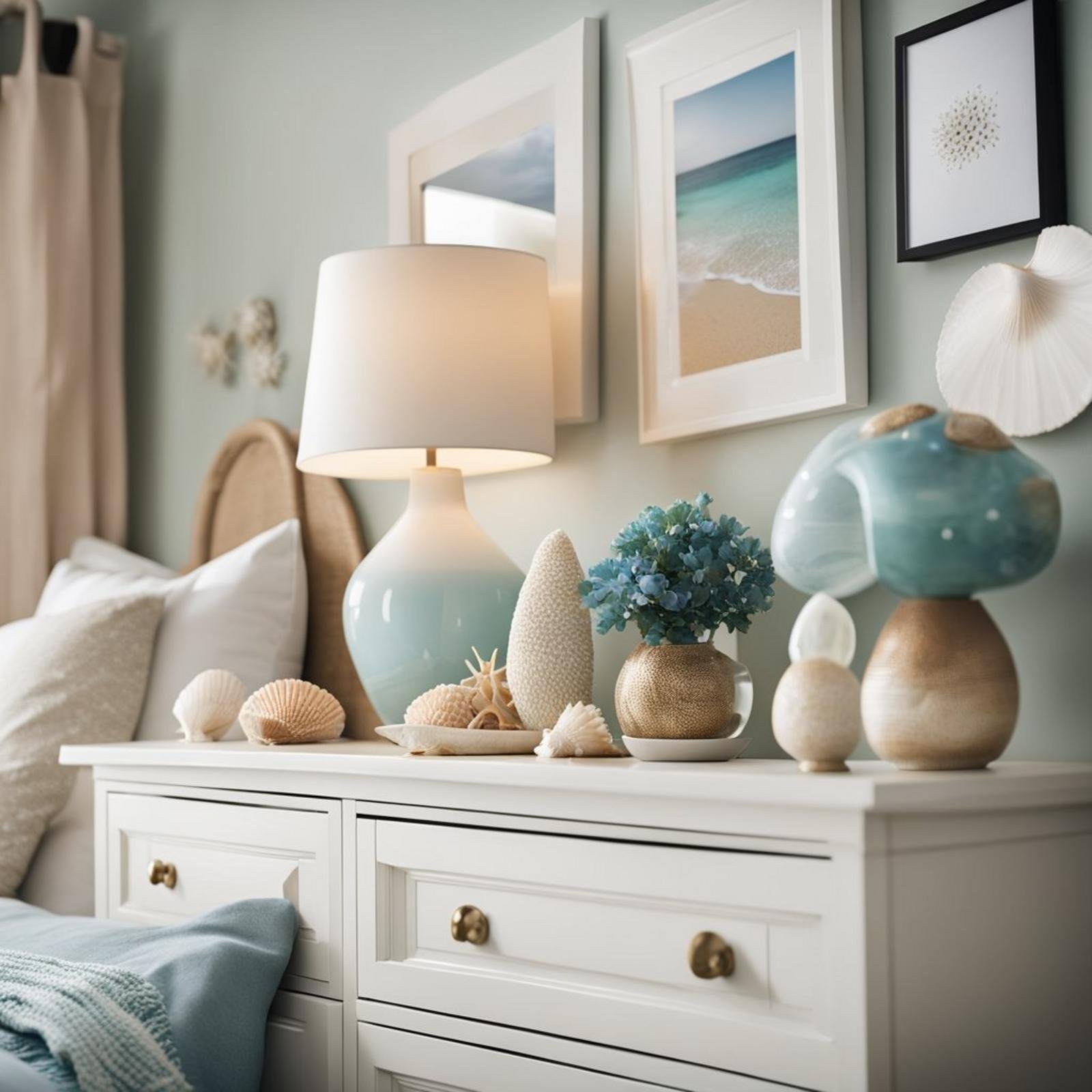 A coastal bedroom with an IKEA Hemnes Dresser, adorned with seashells and beach-themed decor