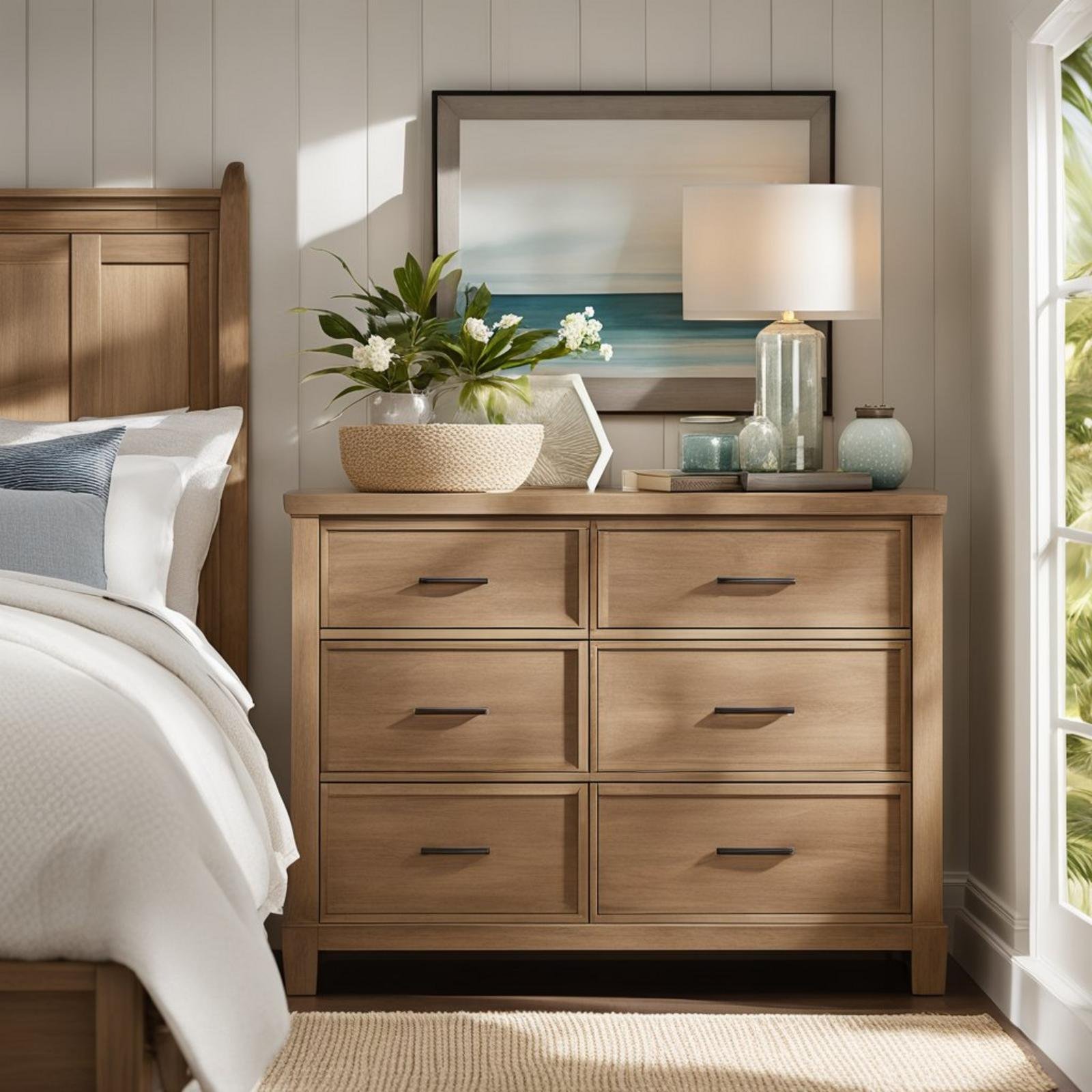 A coastal bedroom with a Pottery Barn Sausalito 7-Drawer Wide Dresser as the focal point, adorned with beachy decor and natural light streaming in from a large window