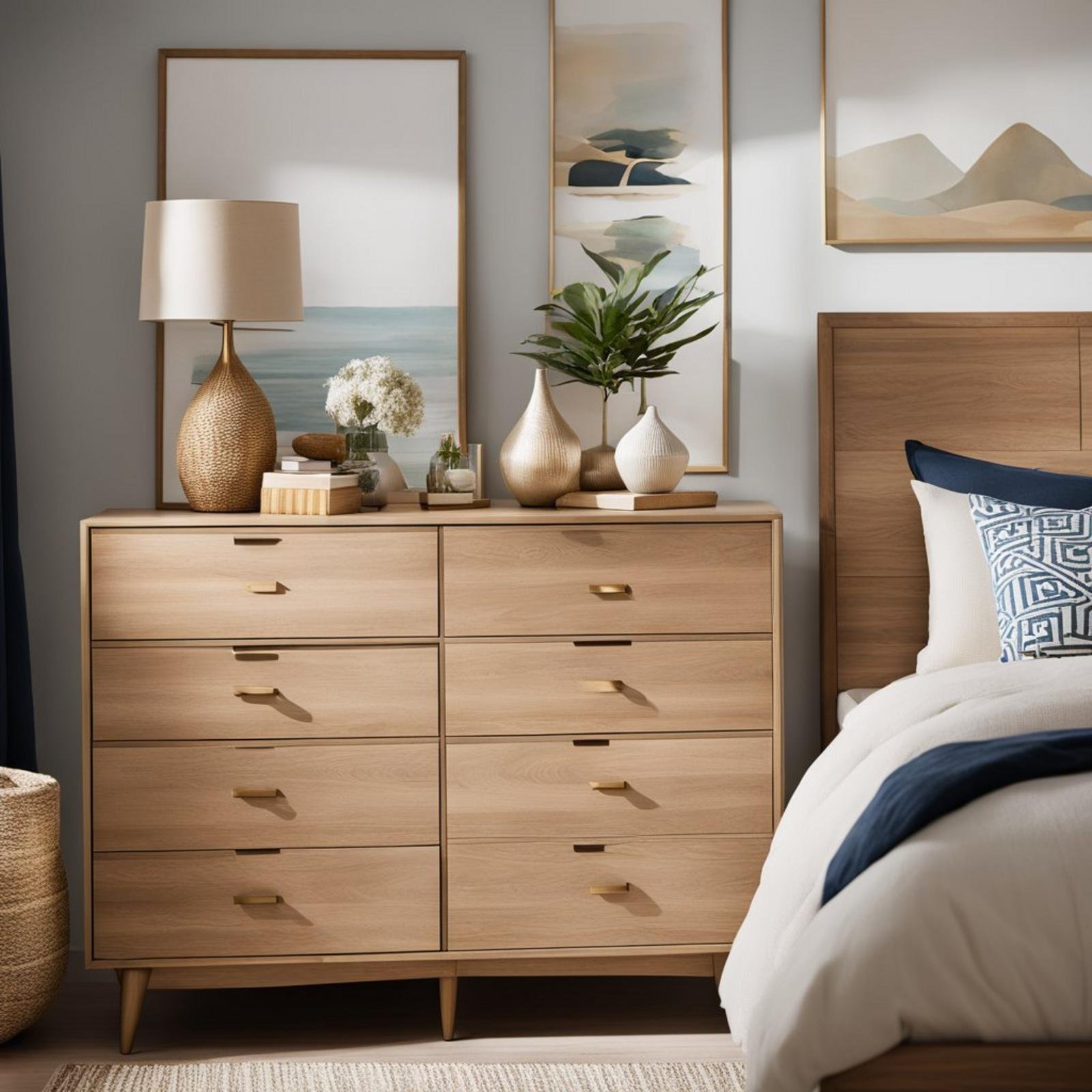 A coastal bedroom with a West Elm Mid-Century 6-Drawer Dresser, adorned with nautical decor and soft, sandy hues