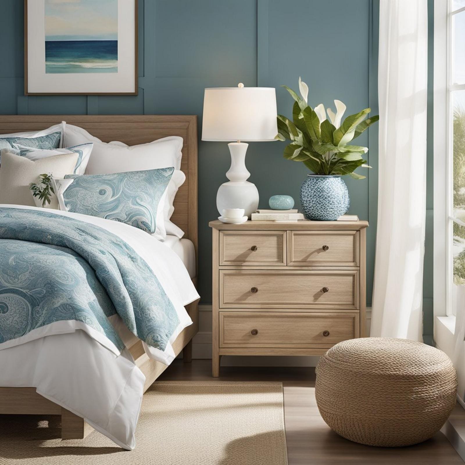 A coastal bedroom with a Crate & Barrel Oxford 11-Drawer Dresser as the focal point, featuring light, airy decor and ocean-inspired accents