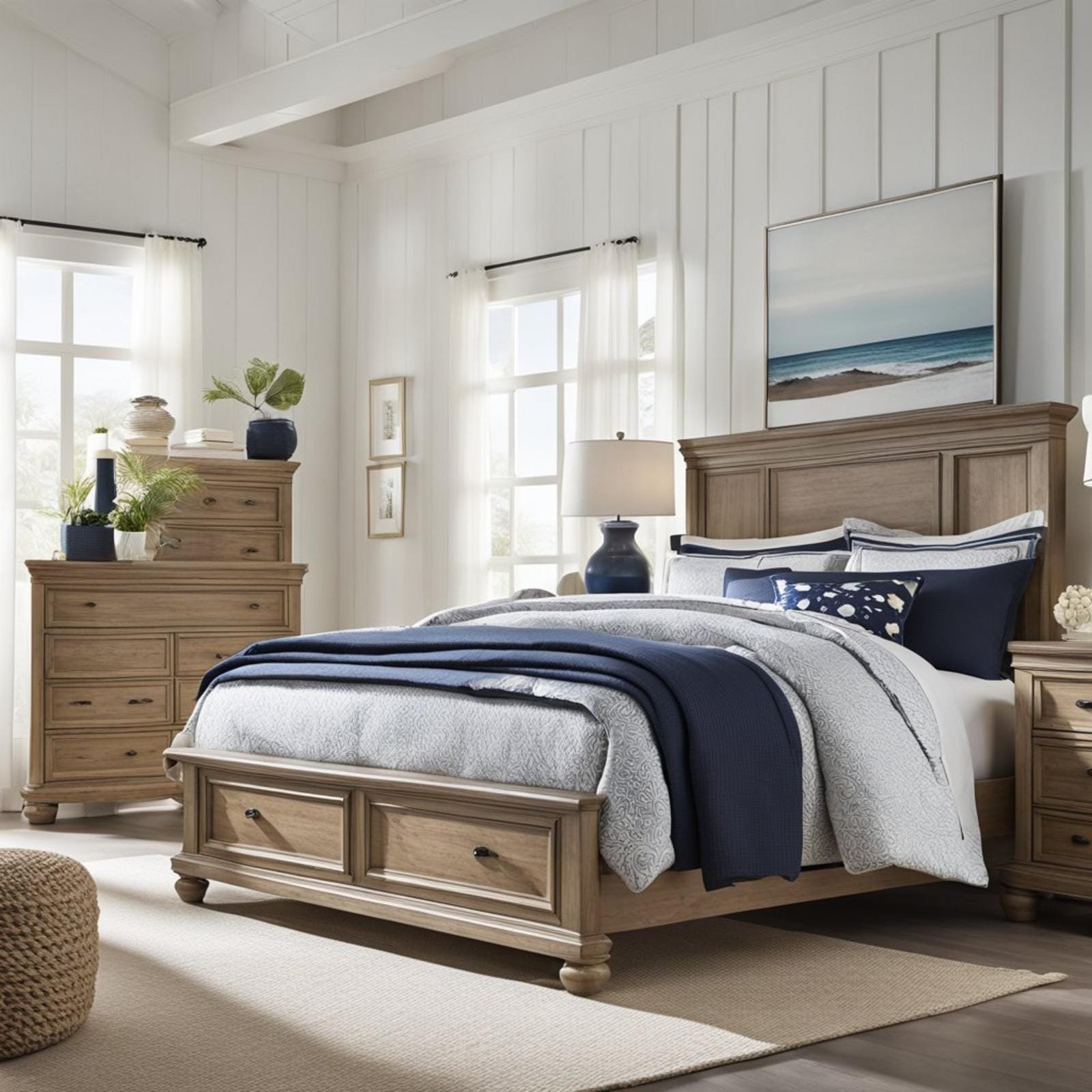 A coastal-themed bedroom with a Realyn Dresser by Ashley Furniture as the focal point. White and wood tones with nautical decor