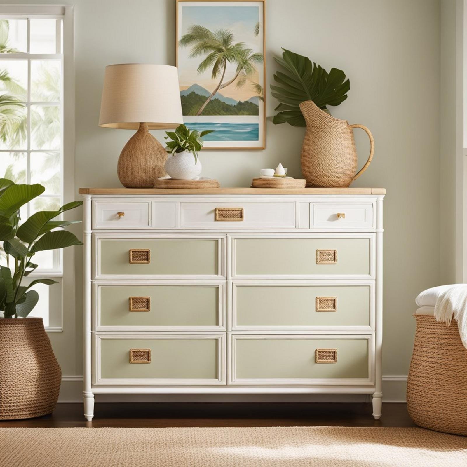 A coastal bedroom with a Serena & Lily Harbour Cane Dresser as the focal point, adorned with coastal decor and natural light streaming in