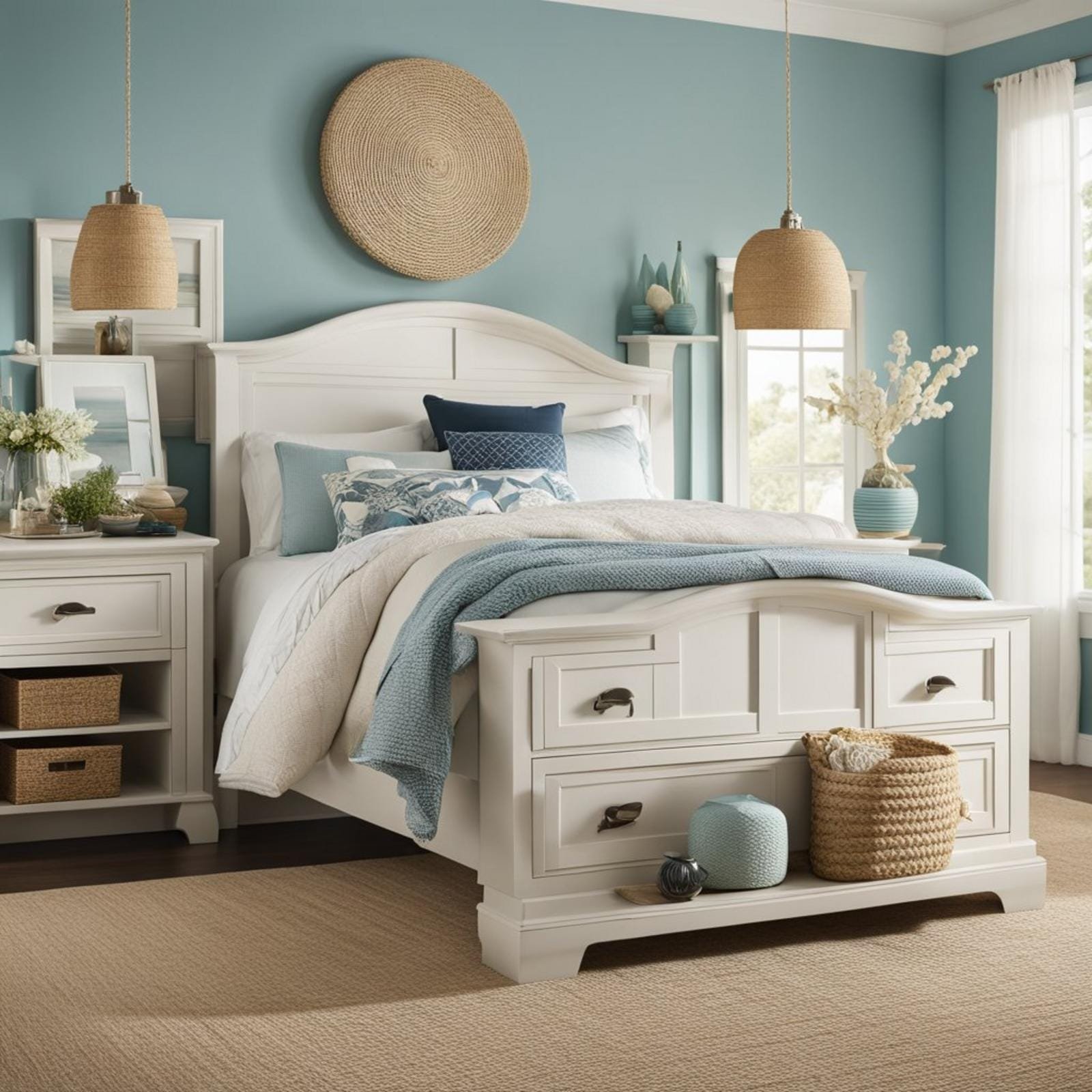 A coastal bedroom with a Wayfair Franklin 8-Drawer Double Dresser as the focal point, adorned with nautical decor and soft, beachy colors