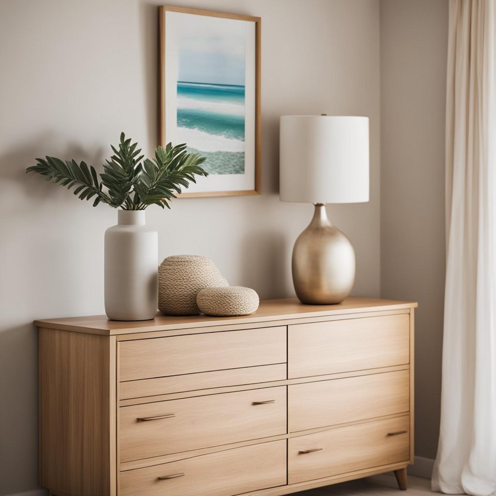 A coastal bedroom dresser with clean lines and natural wood finish, set against a backdrop of soft, sandy hues and ocean-inspired decor