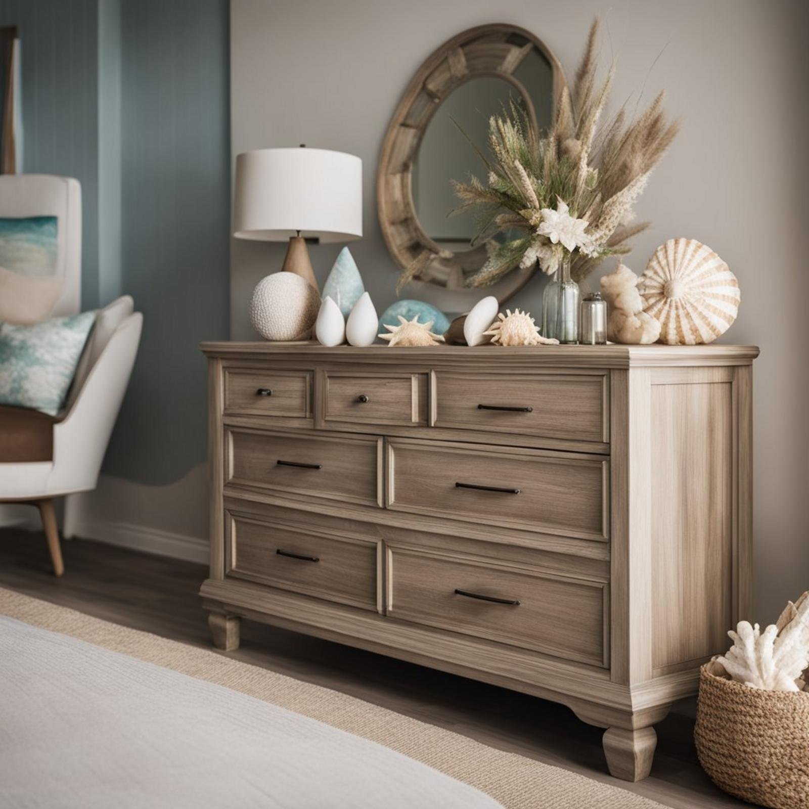A coastal bedroom dresser with a weathered wood finish, adorned with seashells and beach-themed decor