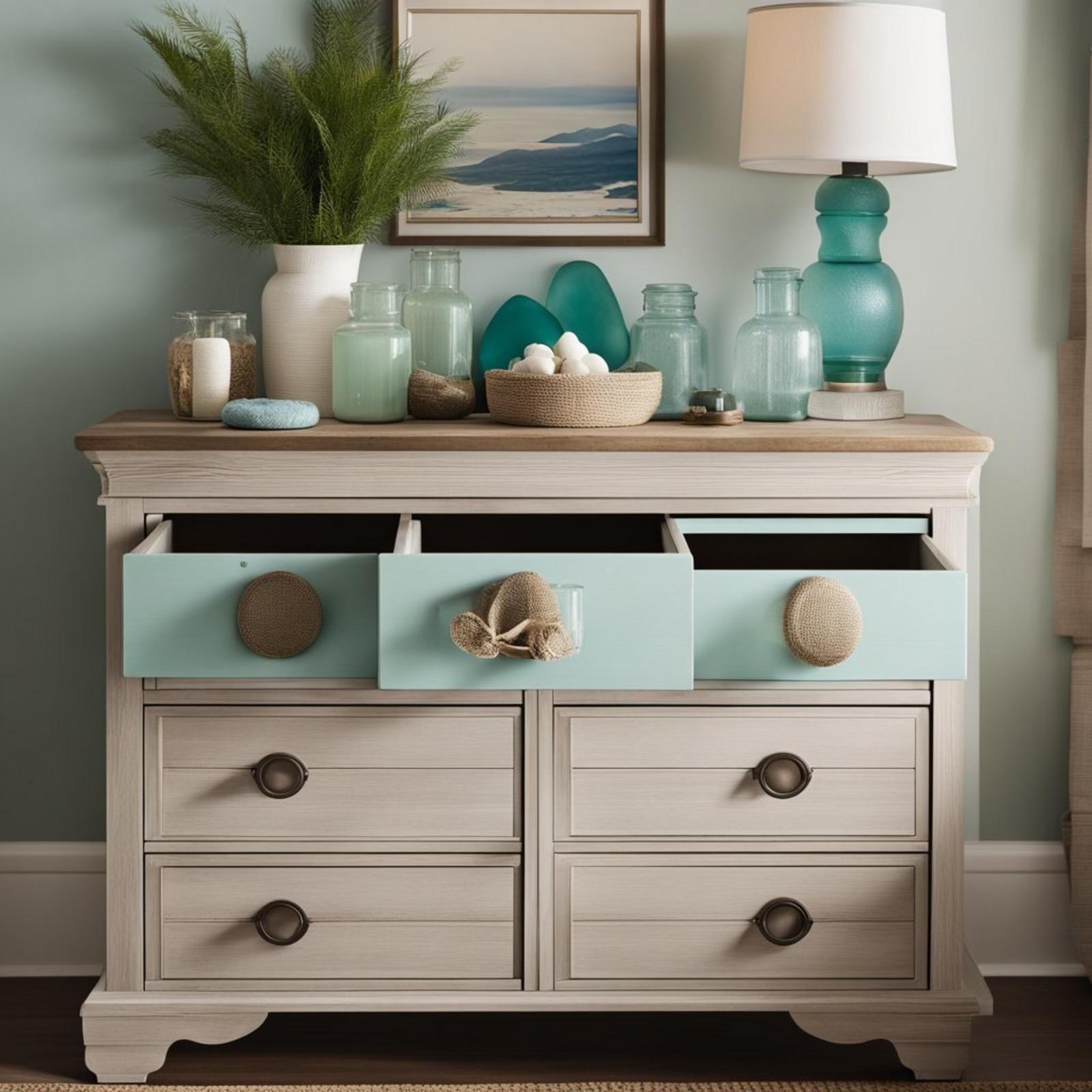 A coastal bedroom dresser with weathered wood, sea glass knobs, and nautical decor