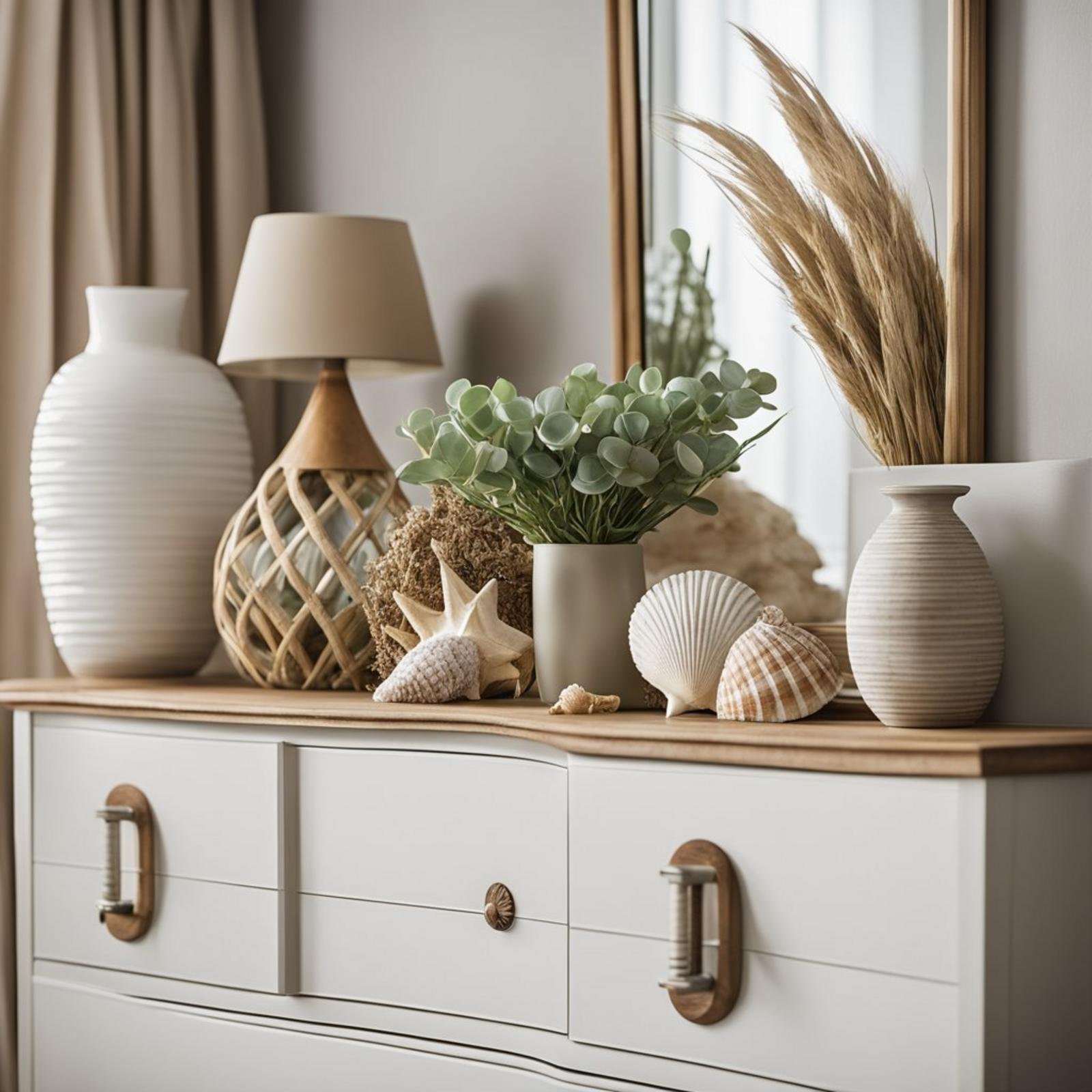 A coastal bedroom dresser with seashells, driftwood, and a vase of beach grass
